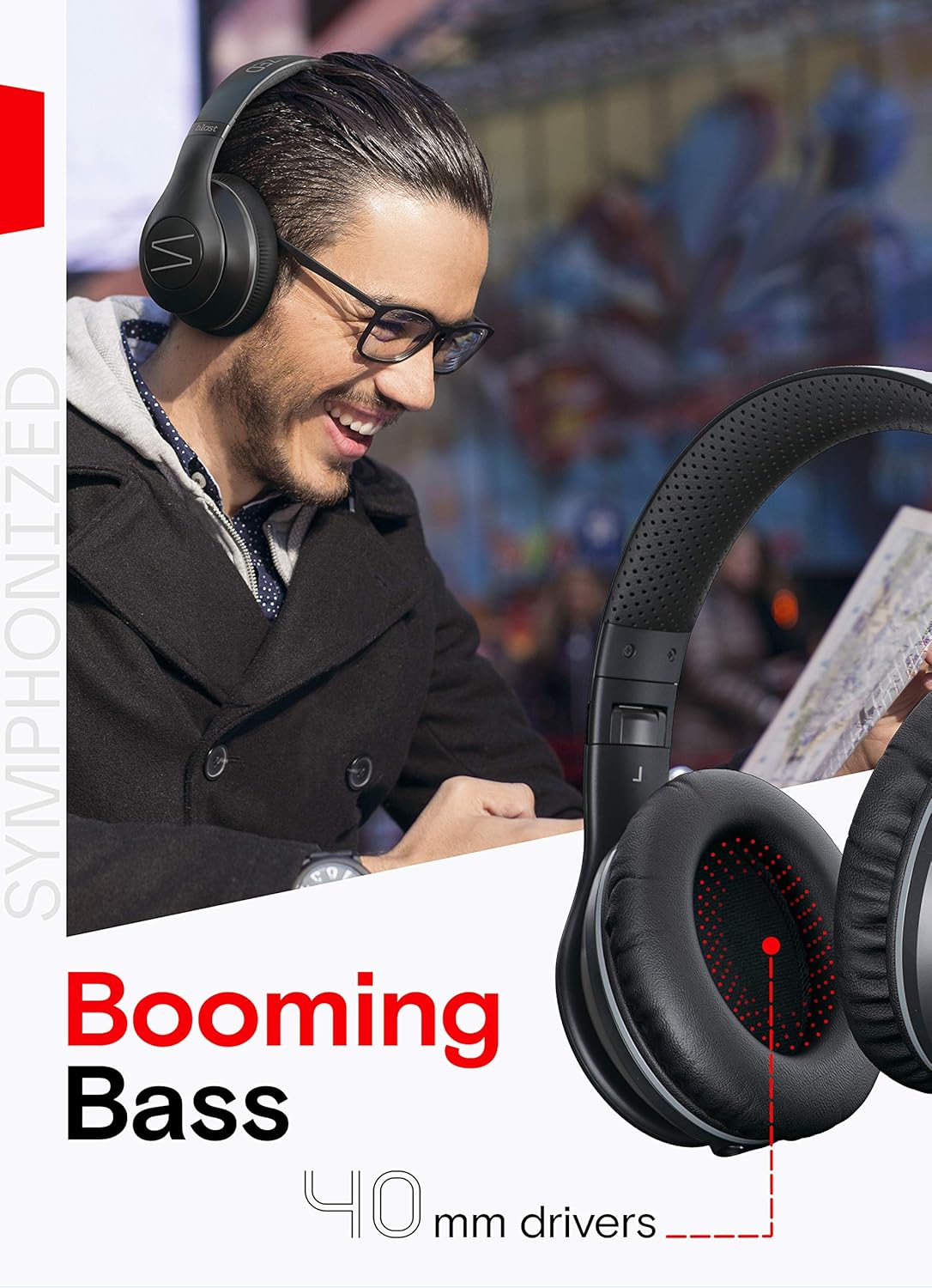 Product Deal Symphonized Blast Wireless Bluetooth Headphones with Mic, Over Ear Headphones for iPhone, Samsung and More, 22 Playtime Hours for Travel/Work, Deep Bass Headphones with Noise Isolation (Black)