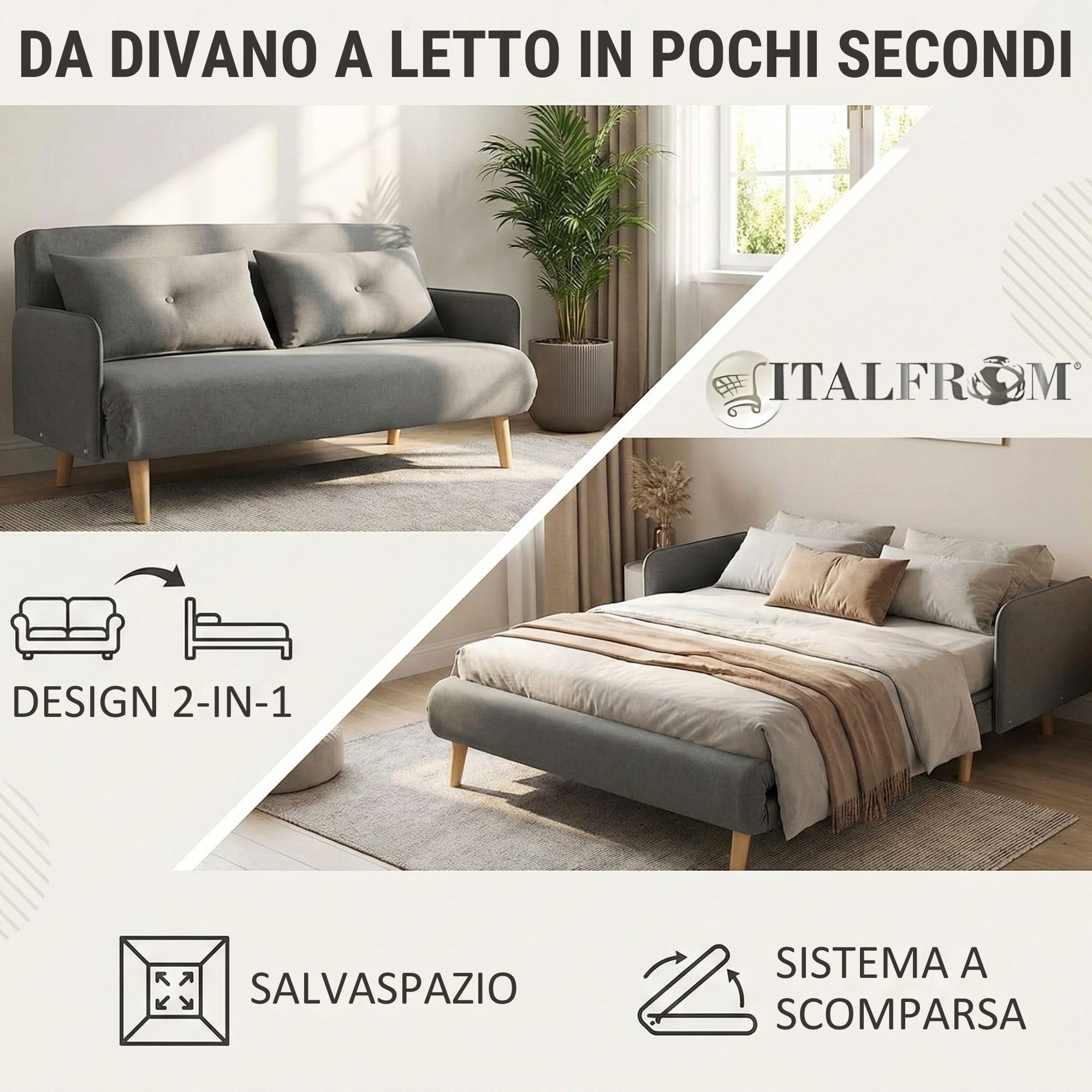 Canapé-lit Italfrom – Lumineux – 150x73x81cm – Plusieurs Couleurs – 2 Places – Neuf