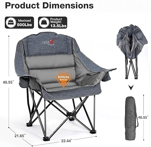 Miniatura 3 de Silla de campamento de gran tamaño, sillas de campamento acolchadas plegables portátiles con bolsillo lateral, soporte para tazas, soporte