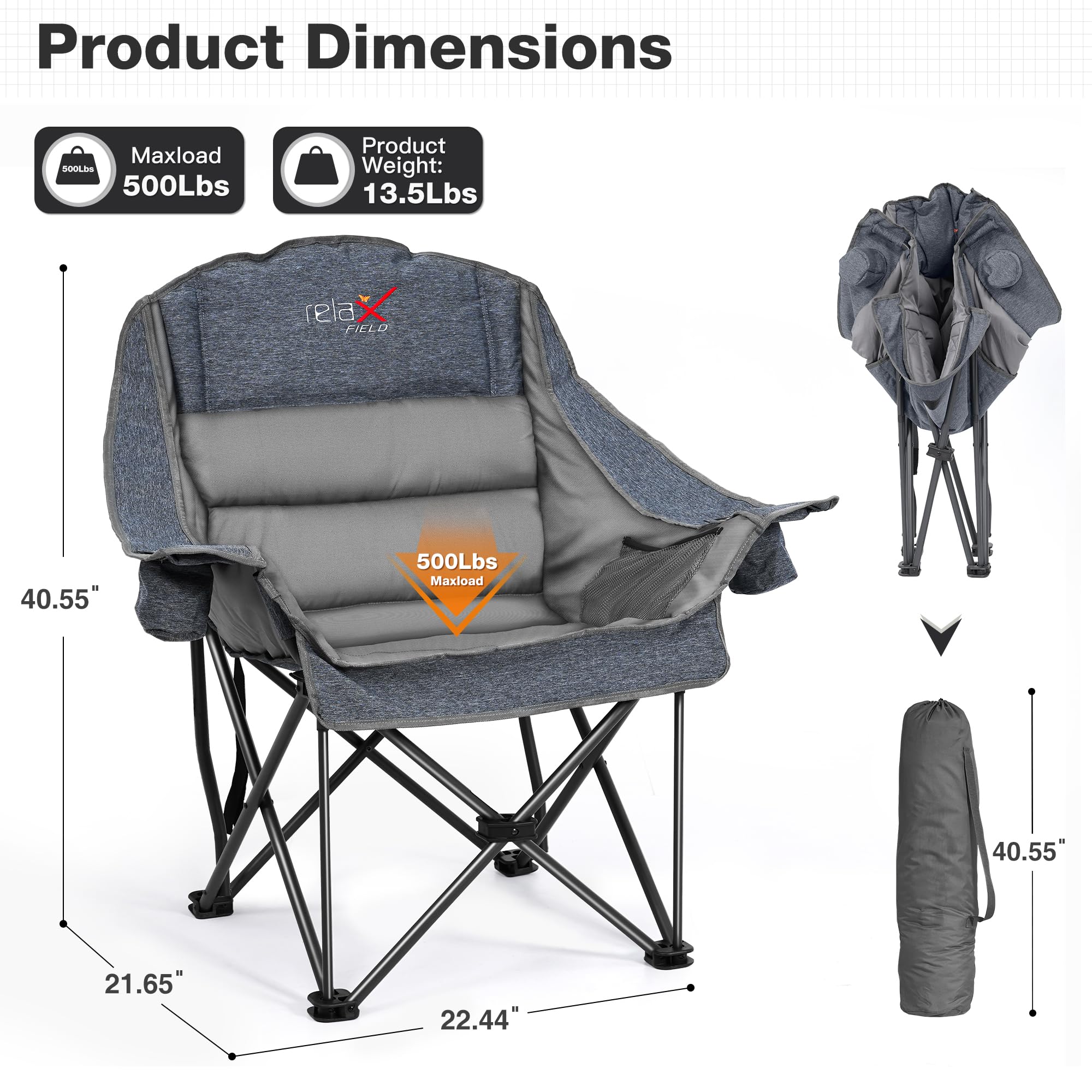 RELAX FIELD Oversized Camping Chair, Portable Folding Padded Camp Chairs with Side Pocket, Cup Holder, Heavy Duty Support 500LBS Outdoor Lounge Chair for Adults, Fishing, Sports, Trip, Grey