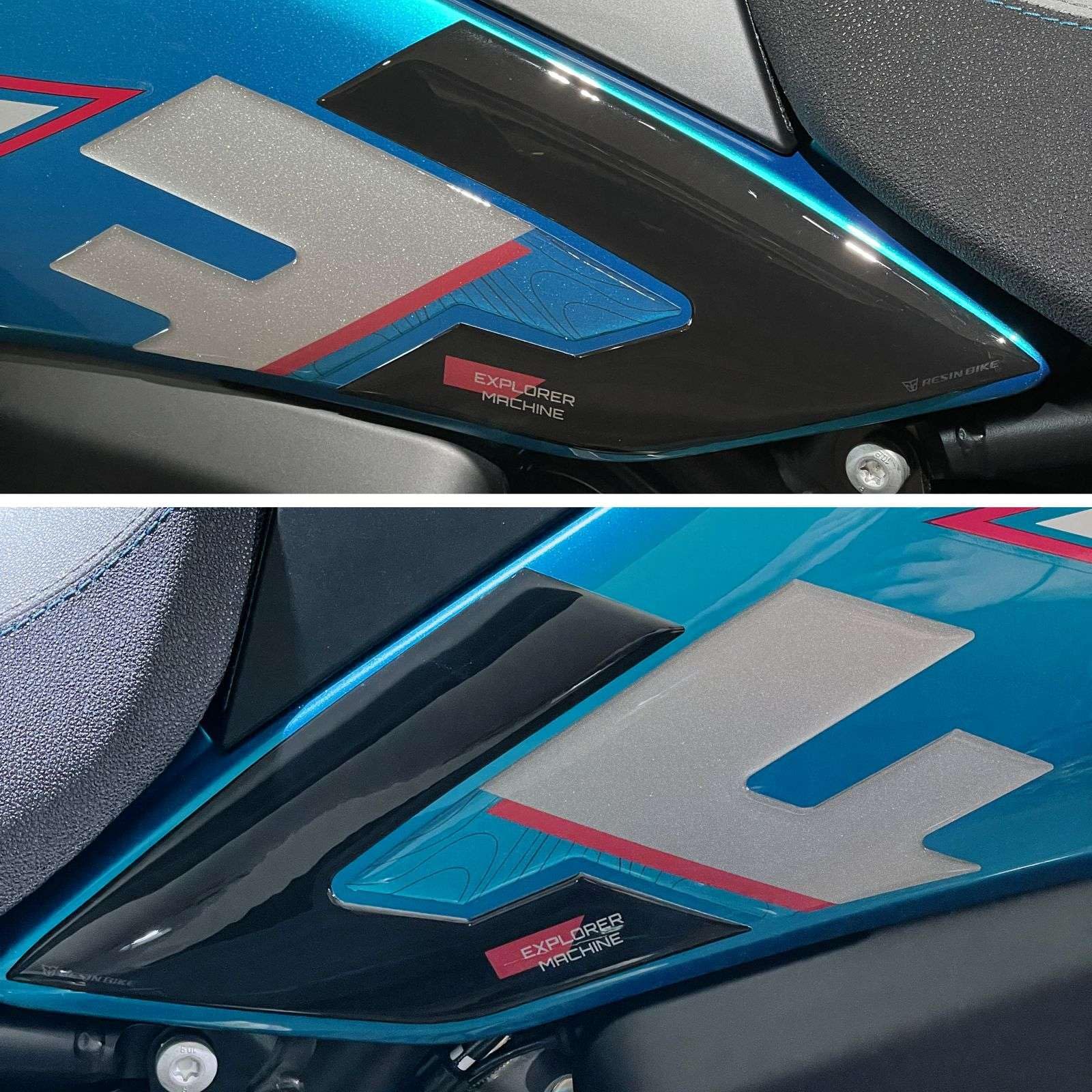 Resin Bike Adhesivos de Moto Compatibles con CF Moto 800 MT-X 2025-2026 Zephyr Blue. Protección Latérales del Tanque de Choques y Arañazos de Moto. Par de Pegatinas 3D Resinadas Made in Italy