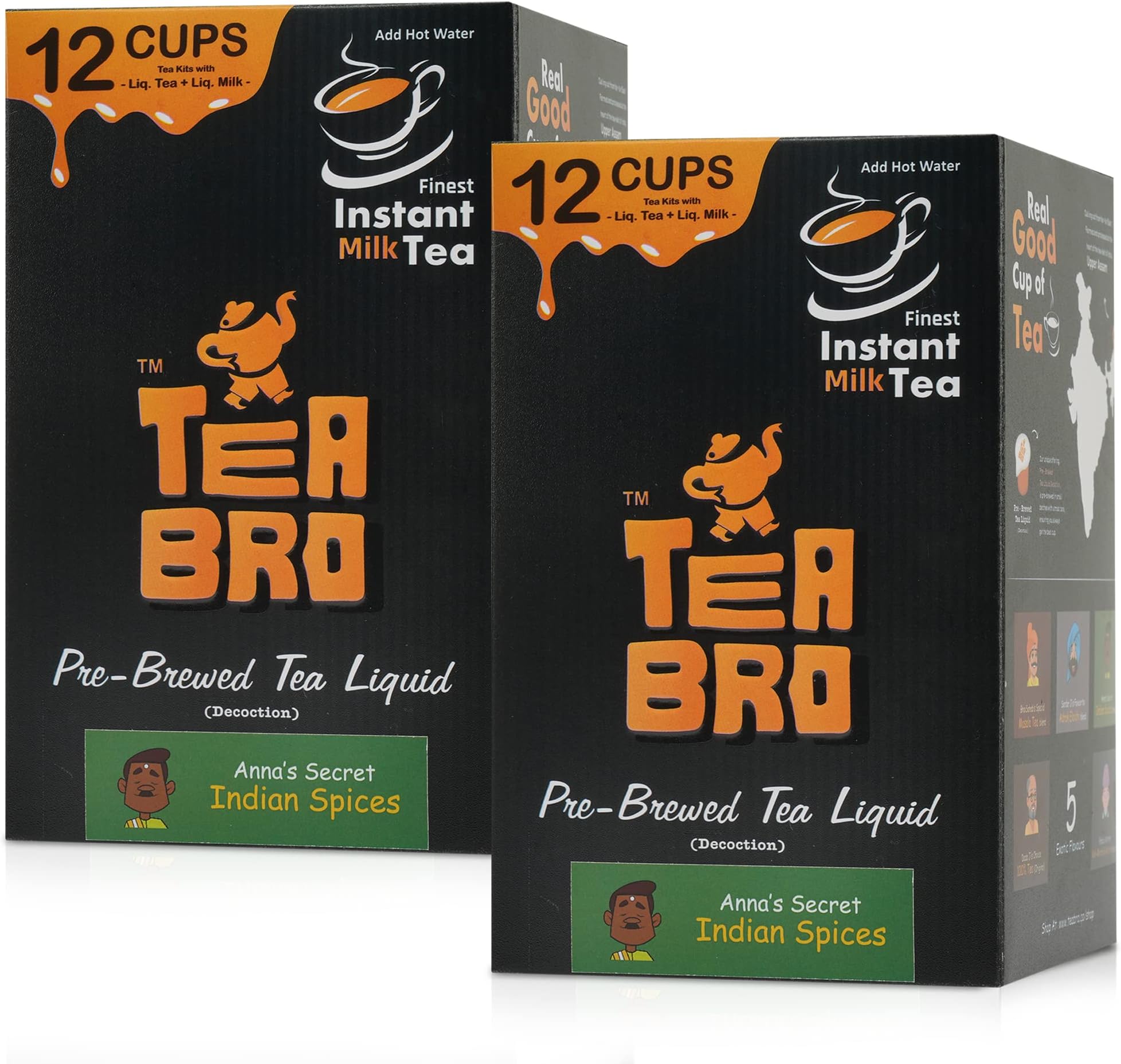 TEA BRO, Instant Milk Tea (Indian Spices Flavour) – Pack of 2 | Pre-Brewed Tea Liquid Decoction (Concentrate) | Just Add Hot Water | Per Pack - 12 Tea Kits with (Liq.Tea + Liq.Milk + Sugar) – Anna's Secret, Indian Spices