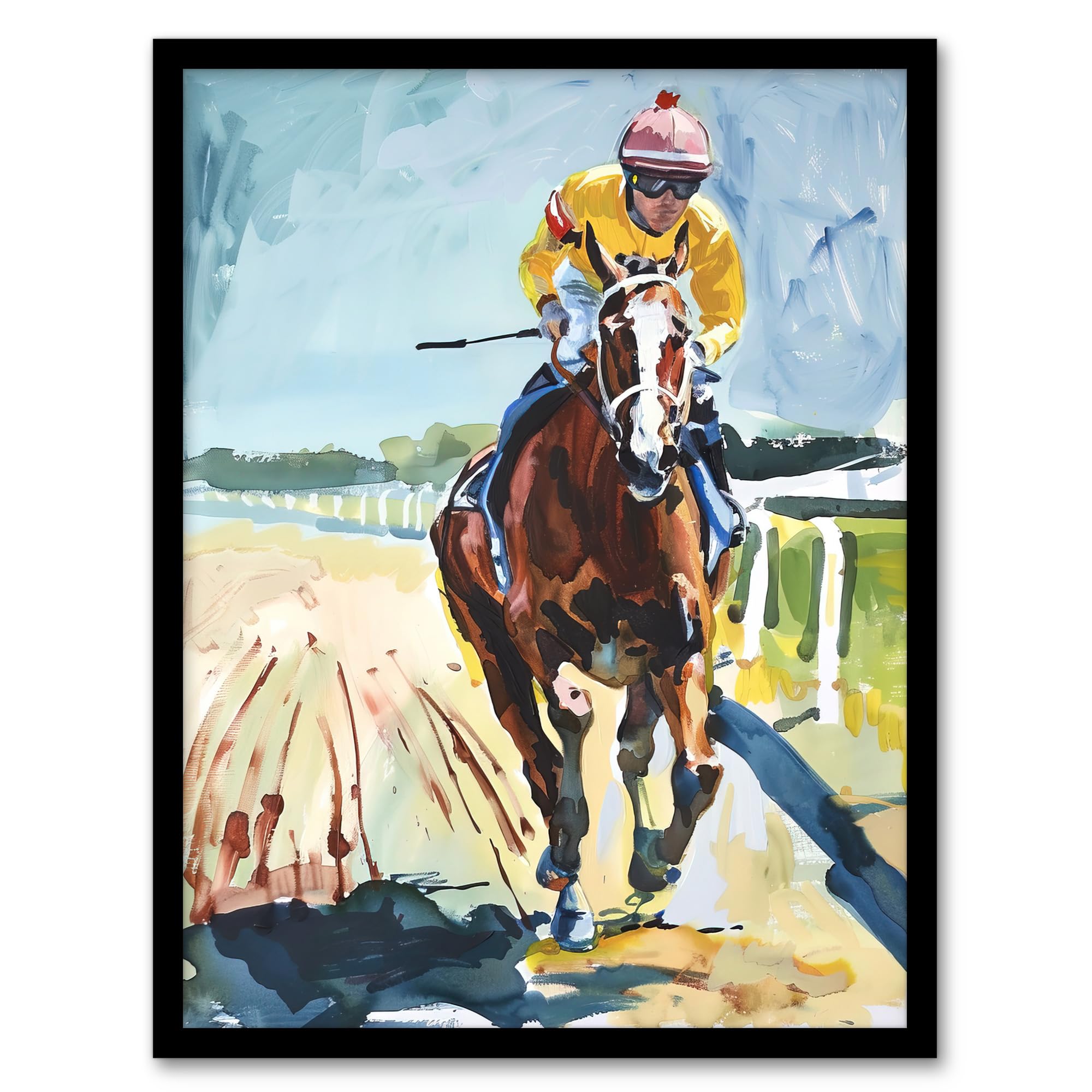 Artery8 Horse Racing Jockey Artistic Painting Man Cave Artwork Framed Wall Art Print A4