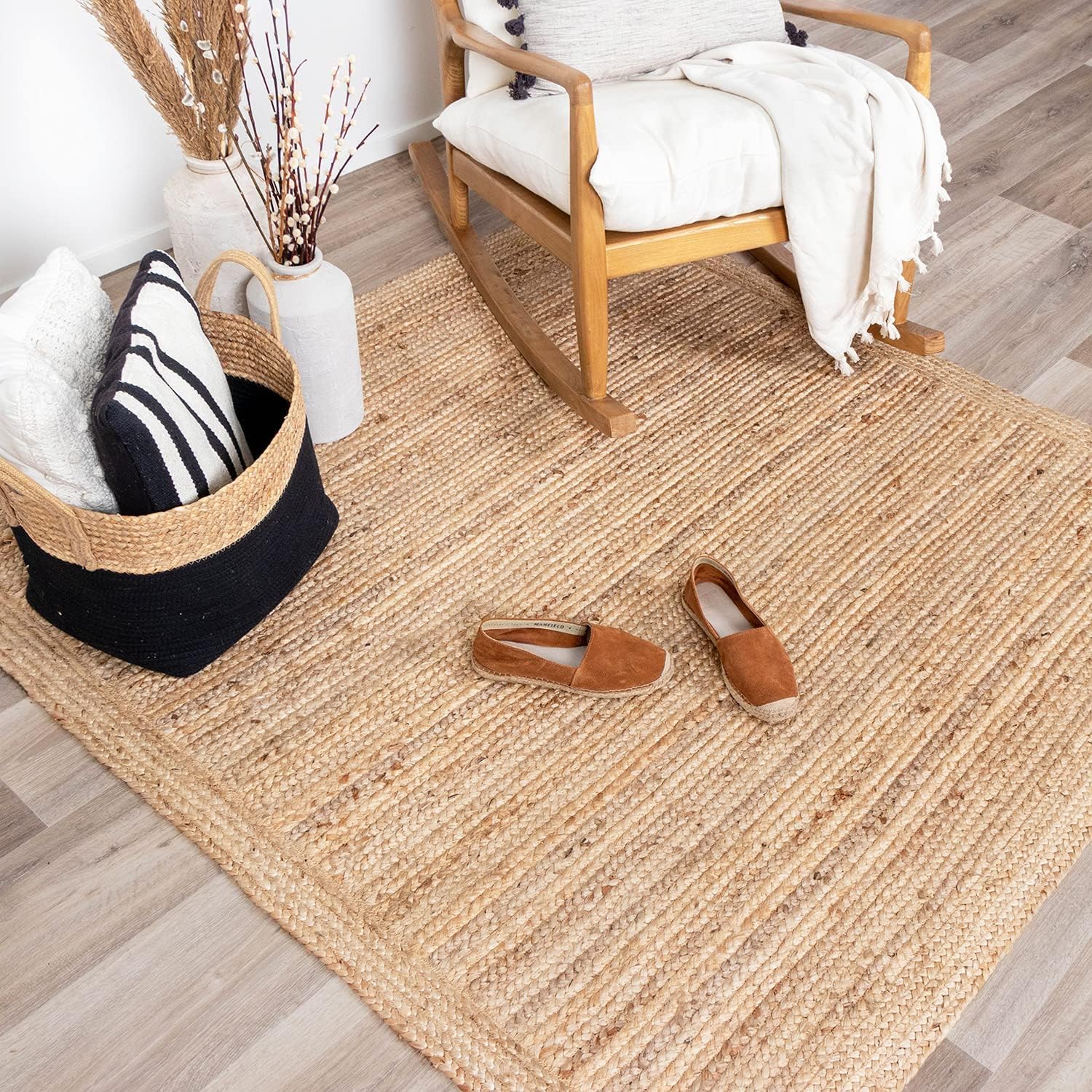Tapis carré en jute tressé main style rustique salon 60x60