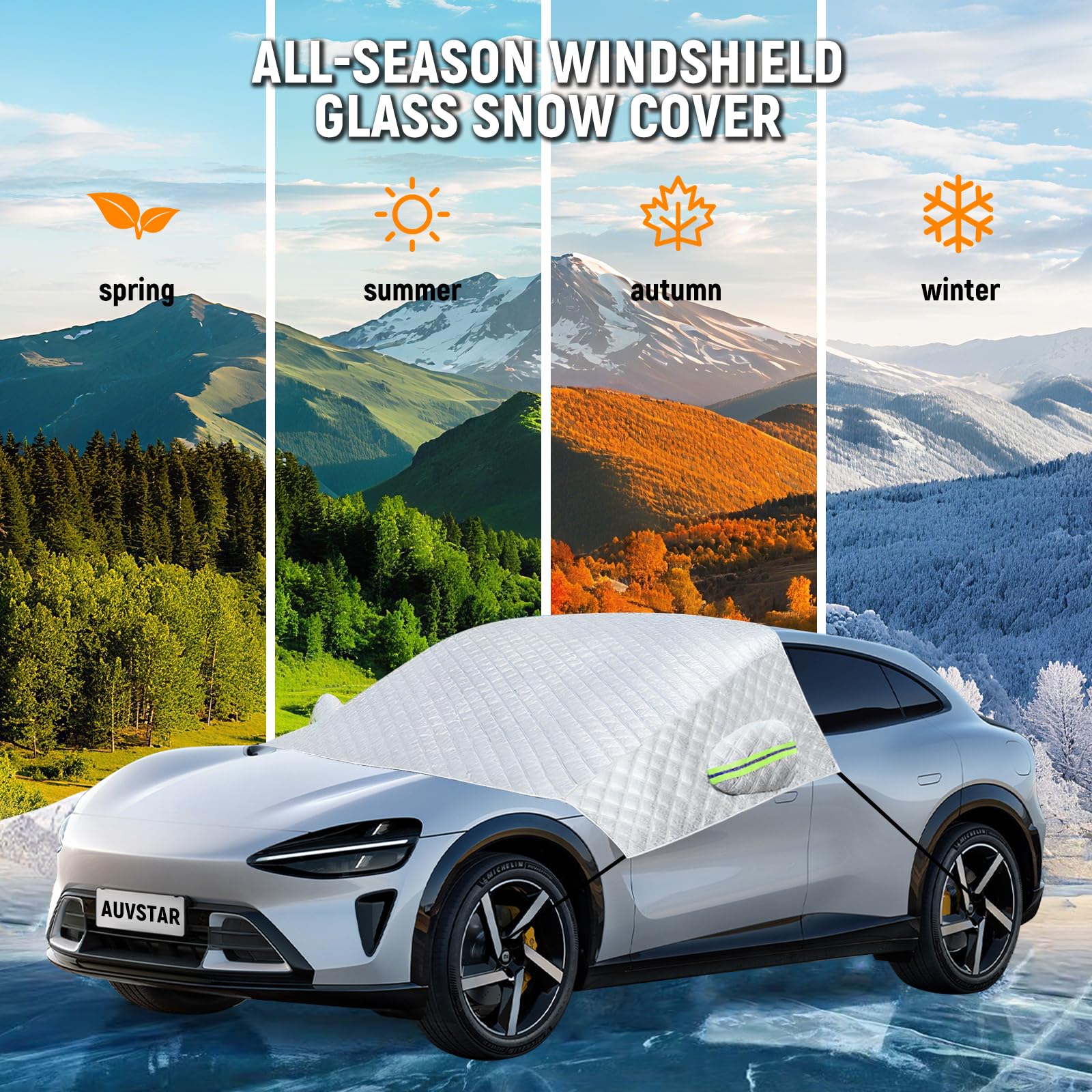 auvstar Protege Pare Brise Hiver,Couverture Pare-Brise Voiture,Protection Repliable Universelle Anti Givre et Neige UV Soleil Poussière Pluie,Bâche Pare Brise pour Voiture SUV（245×148cm）
