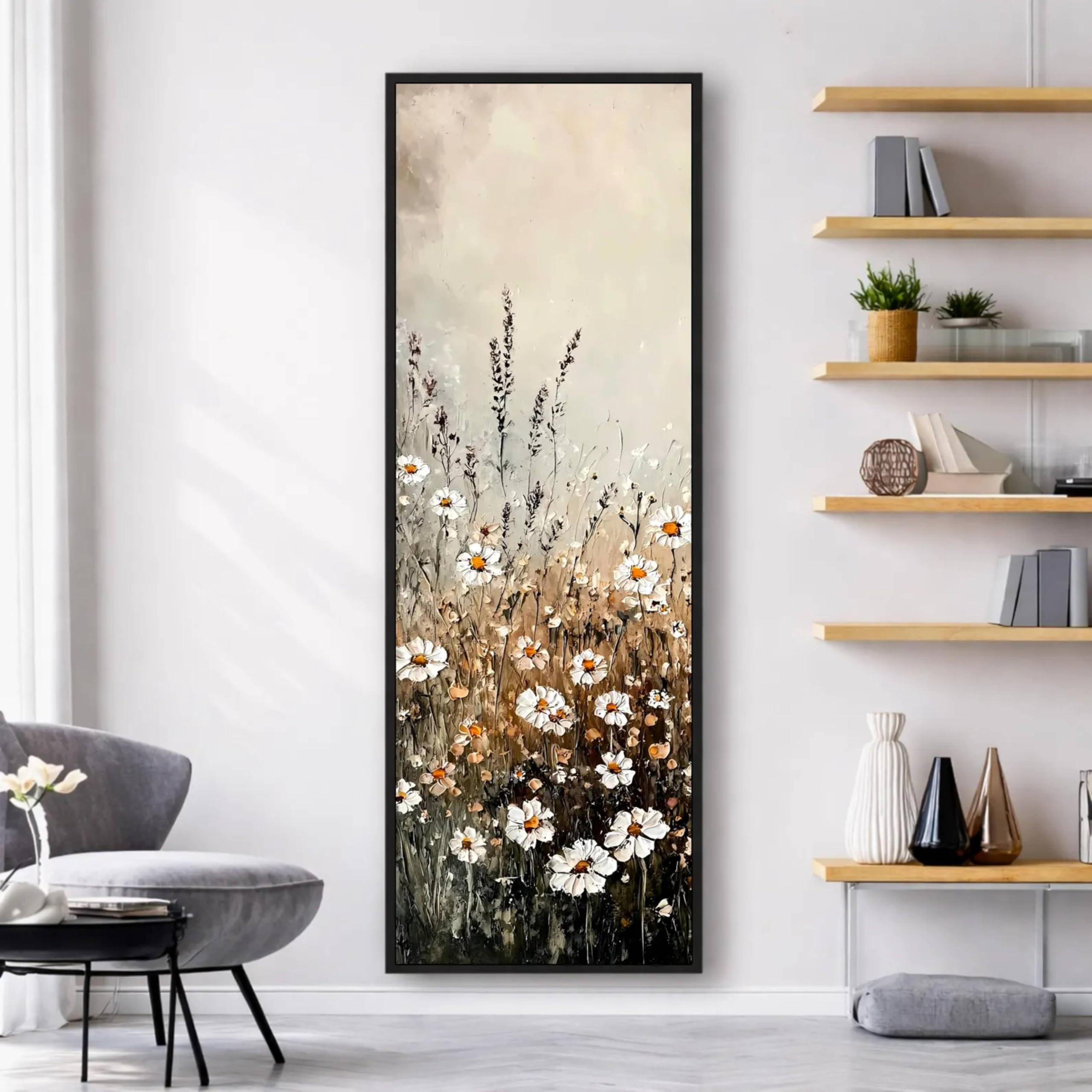 Elegant Daisy Floral Vertical Wall Painting Framed Canvas Wall Art, Modern Nature Flower Artwork for Living Room Dining Area Bedroom Decor, Premium Ready to Hang Home Interior Wall Frame (13x47 Inch)-image-25