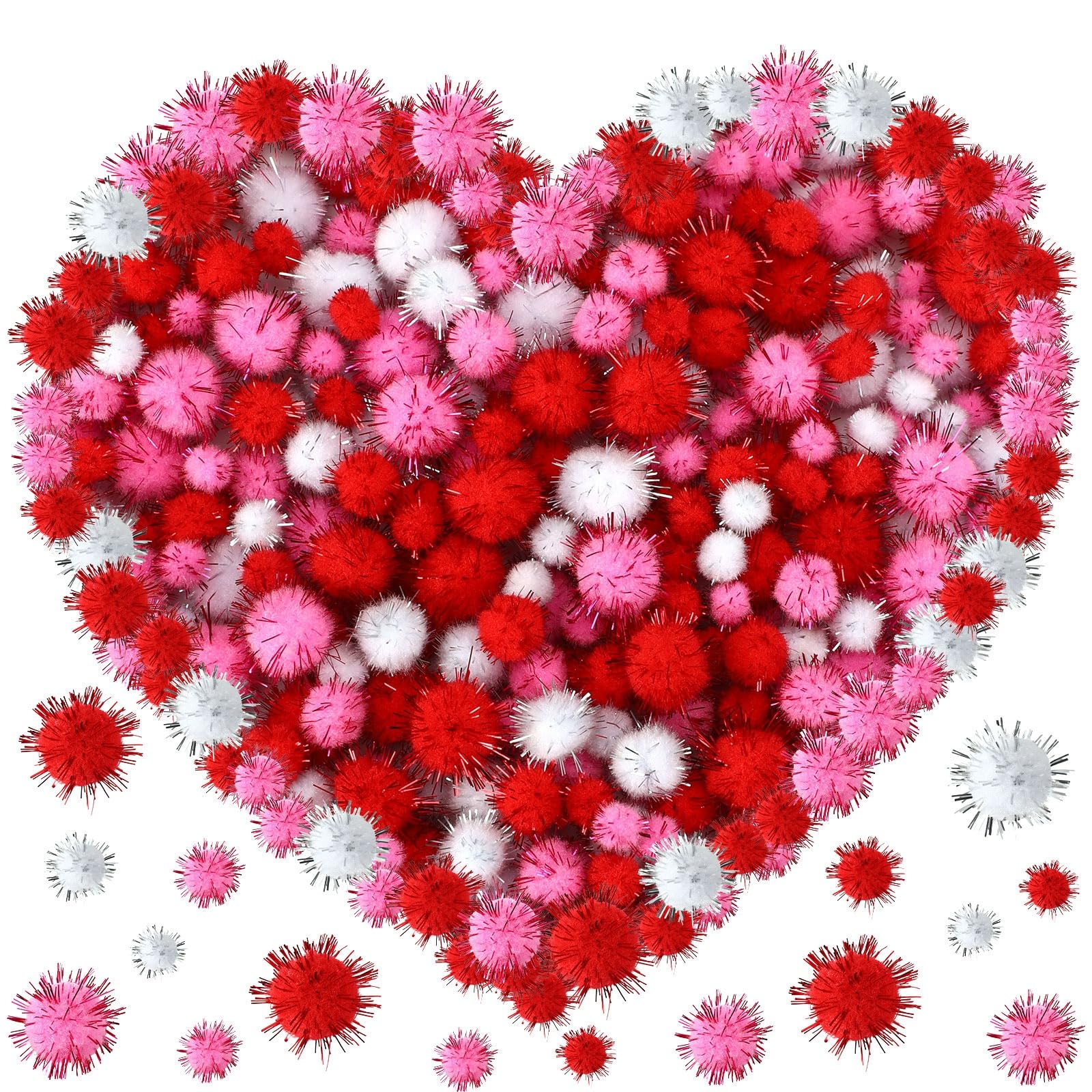 UPINS 600Pcs Valentines Pompom Balls, Pink Red Glitter Pom Poms for Craft