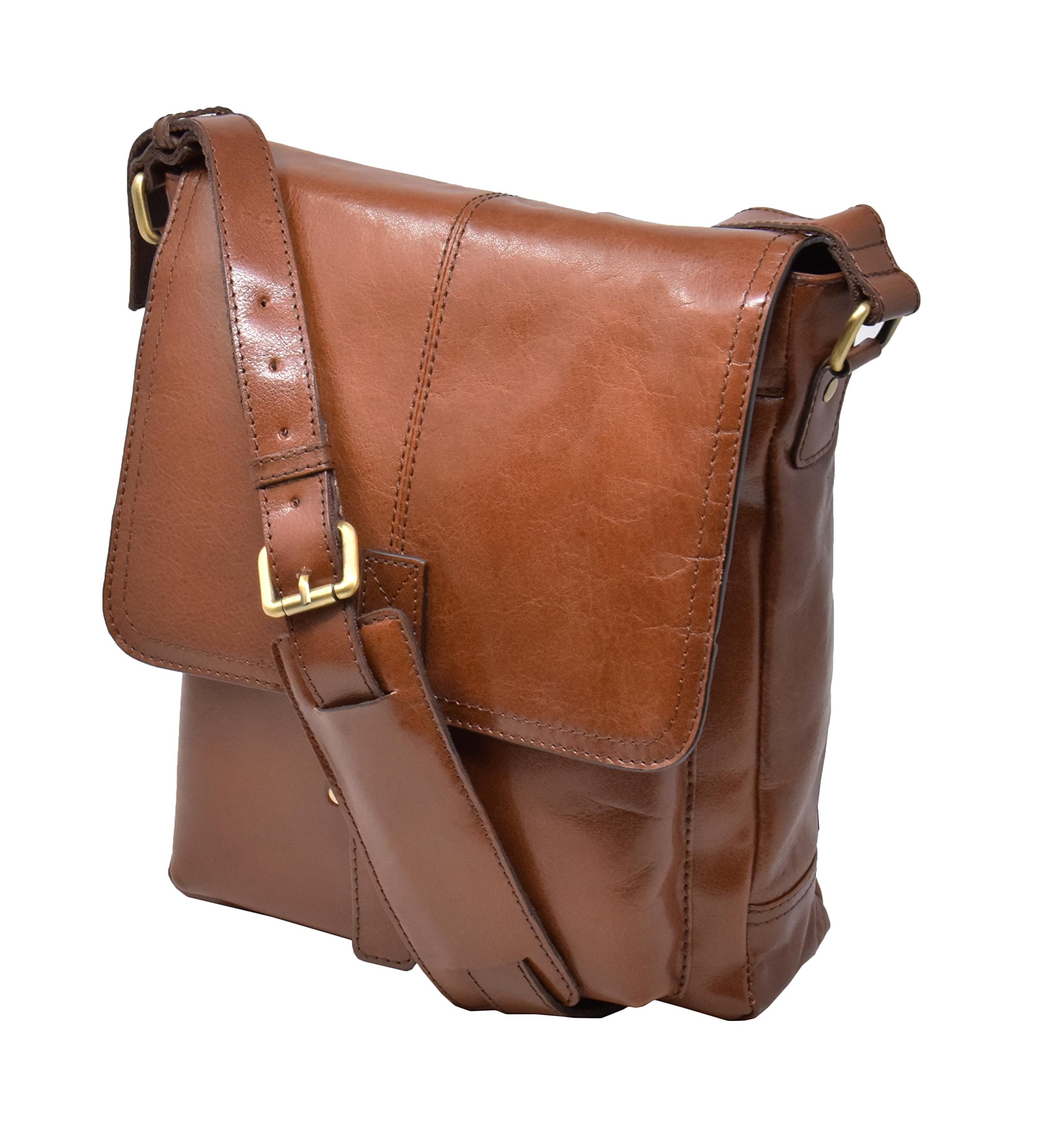 Mens Real Leather Cross body Messenger Bag A224 Chestnut Ipad pocket Satchel