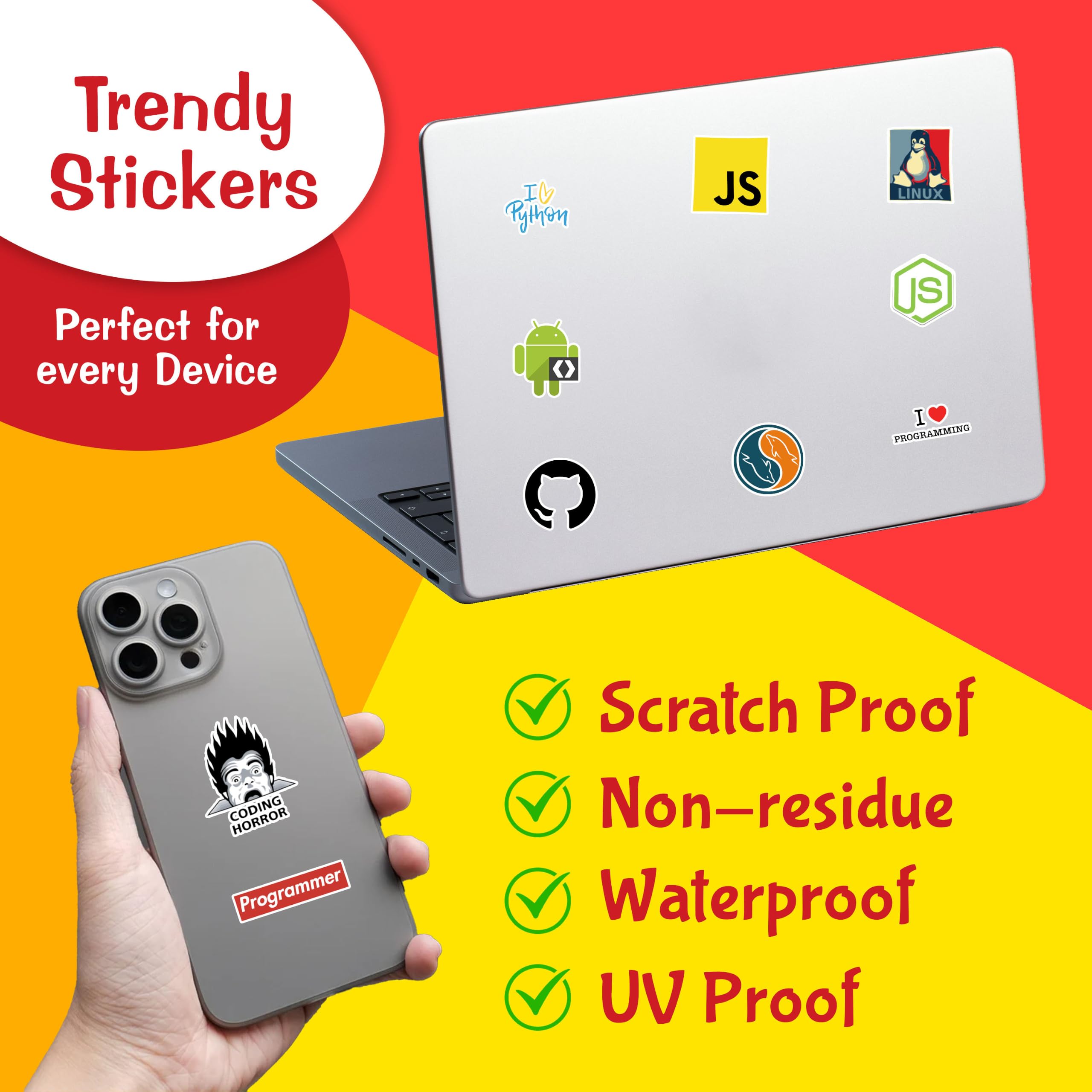CodersParadise - Pack of 51 Laptop Vinyl Self-Adhesive Sticker for Programmer, Coder, Developer, IT Professional - Multicolor Stickers for Laptop, Journal, Guitar, Mobile - Waterproof Residue Free 1