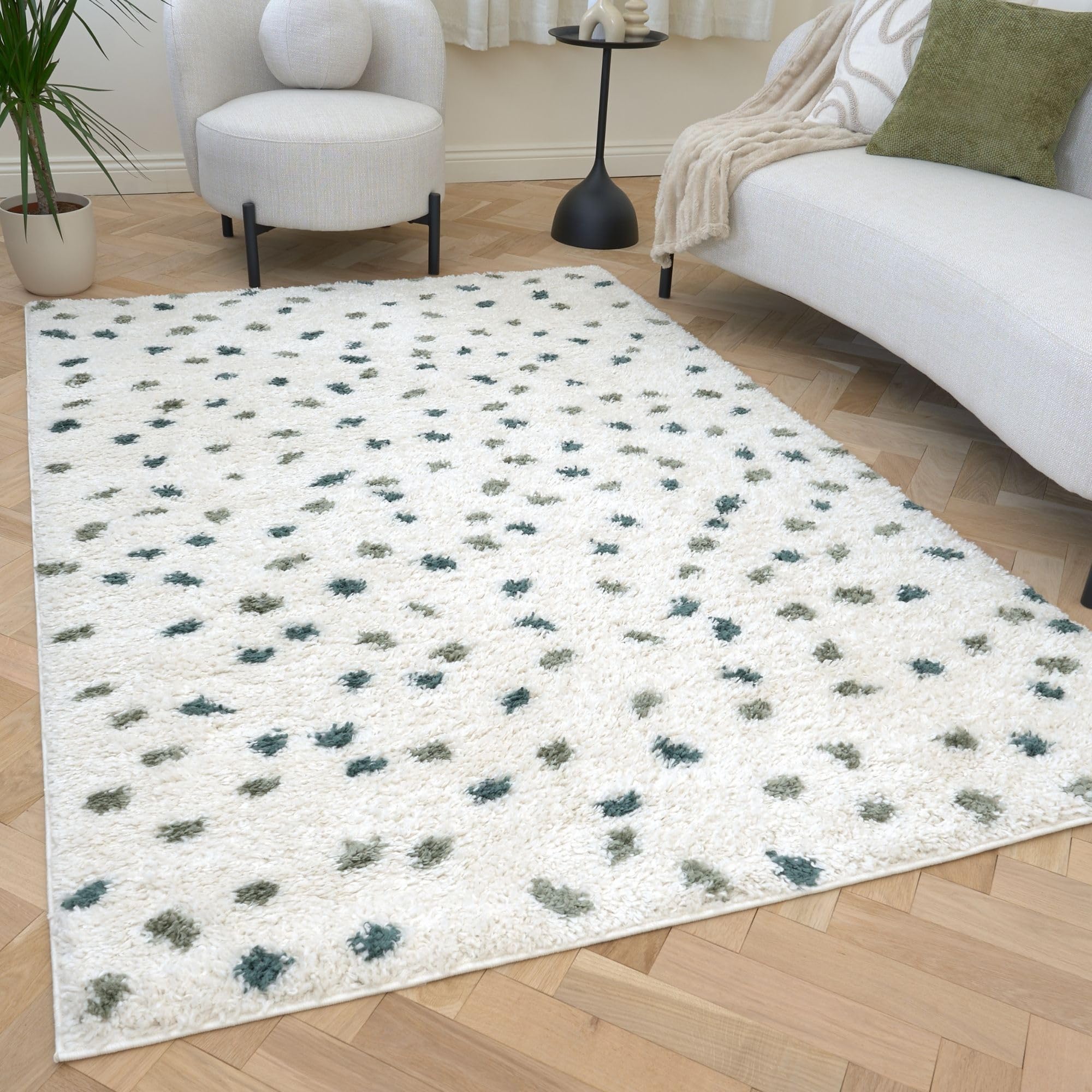 The Rugs Green Moodi Spot Design Shaggy Soft High Pile Living Room Rug & Runner In | Size: 200Cm X 290Cm