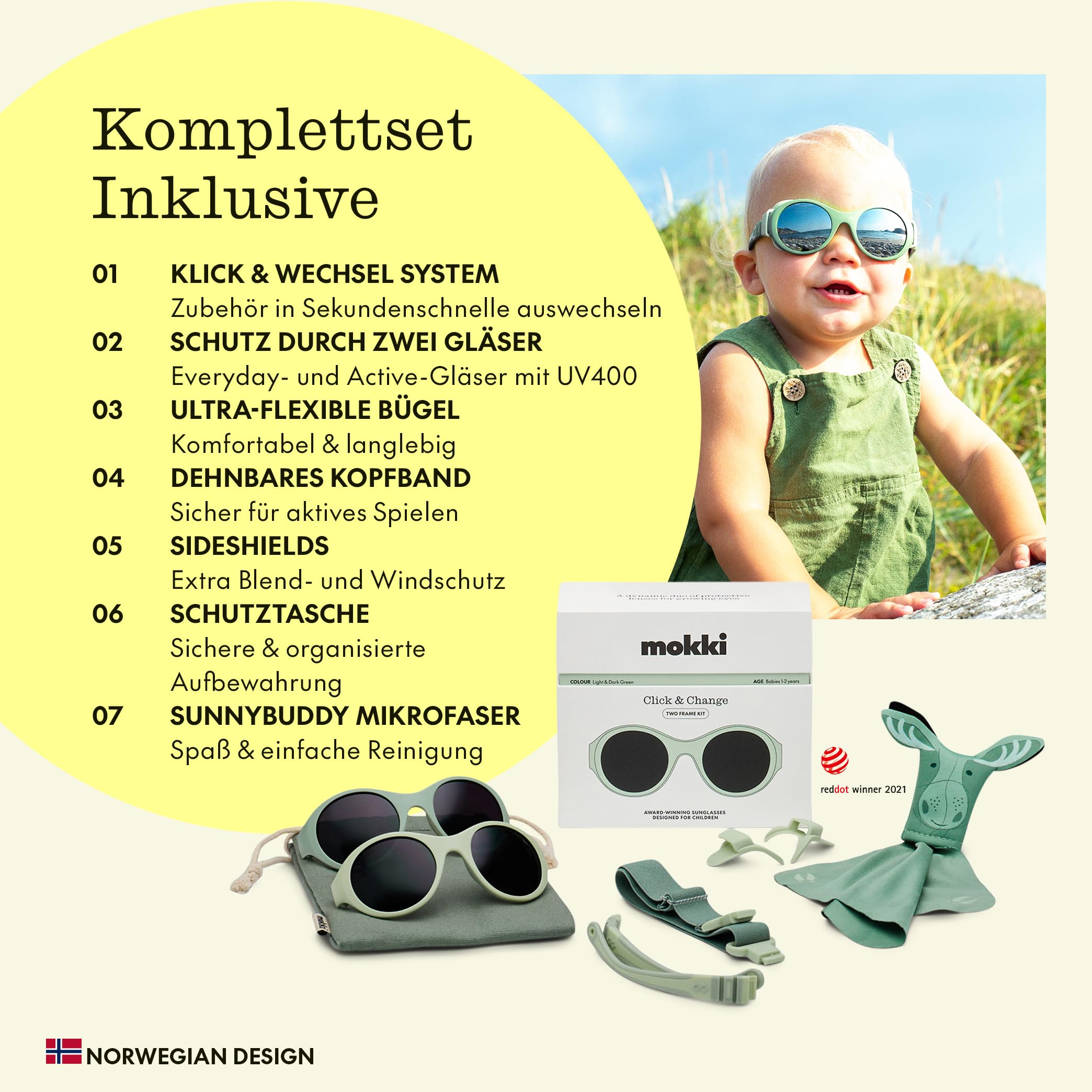 MOKKI 2x Sonnenbrille für 1-5 Jahre, Blaulichtfilter, polarisiert, flexibel, upgraded UV420, Kopfband, größe Gläser, schraubenfrei, weich, für Ski, Strand & Sport, Baby und Kinder, Click & Change