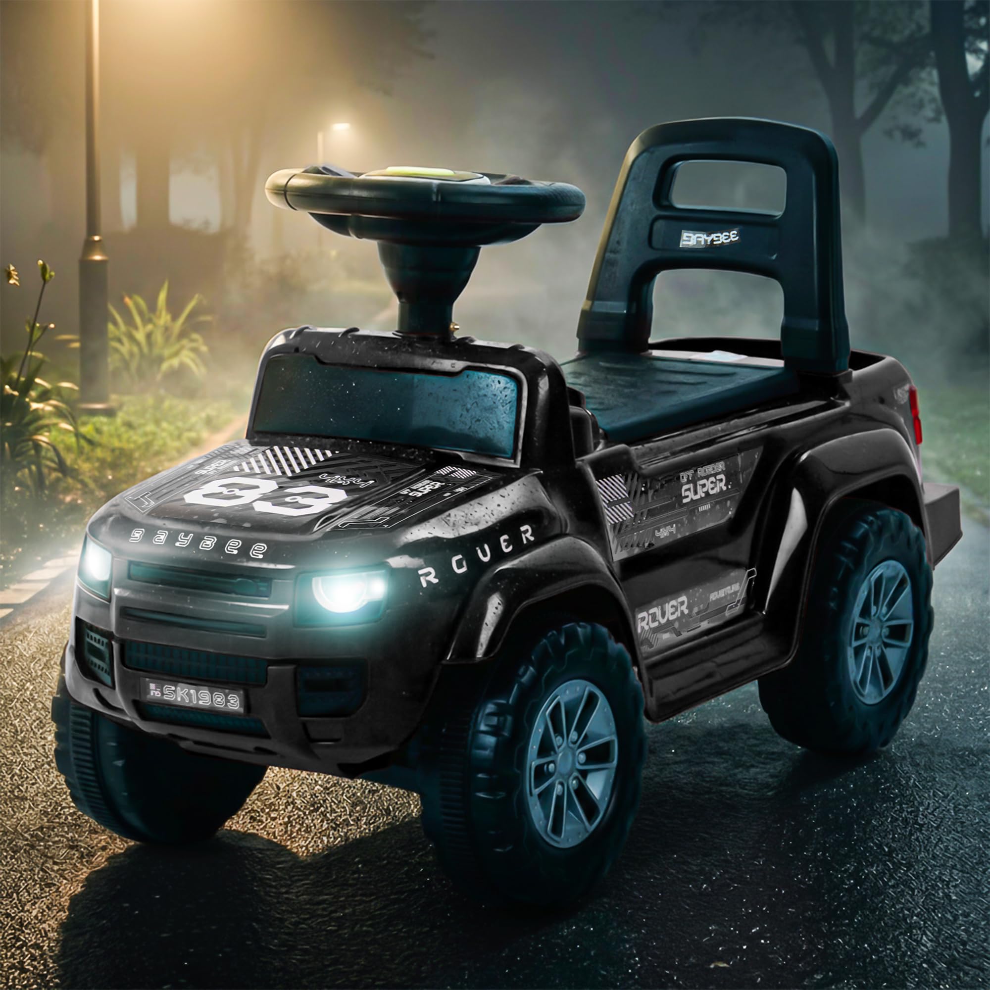 Rover Baby Ride on Car for Kids | Push Rideons Toys Car with LED Lights & Music | Portable Ride on Jeep with Backrest & Toy Storage Basket | Kids Car to Drive 1-3 Years Boys Girls (Black)