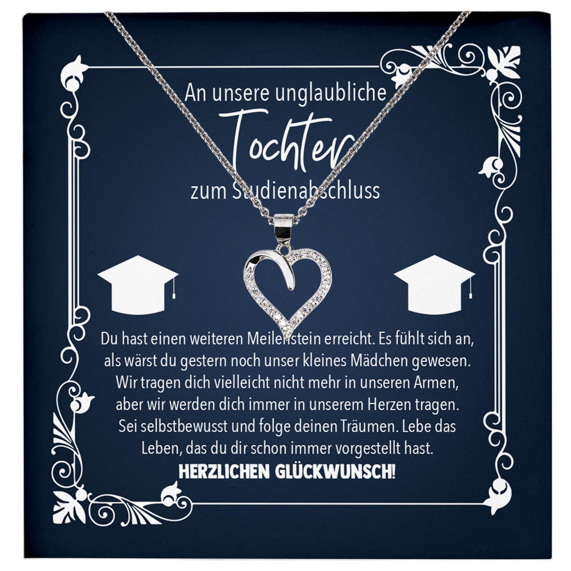 Tochter Uni Abschluss Geschenk Frauen, Master Bachelor Absolventin Schmuck Set, PhD Hochschule - Echt Silber 925 Herz Halskette mit Karte