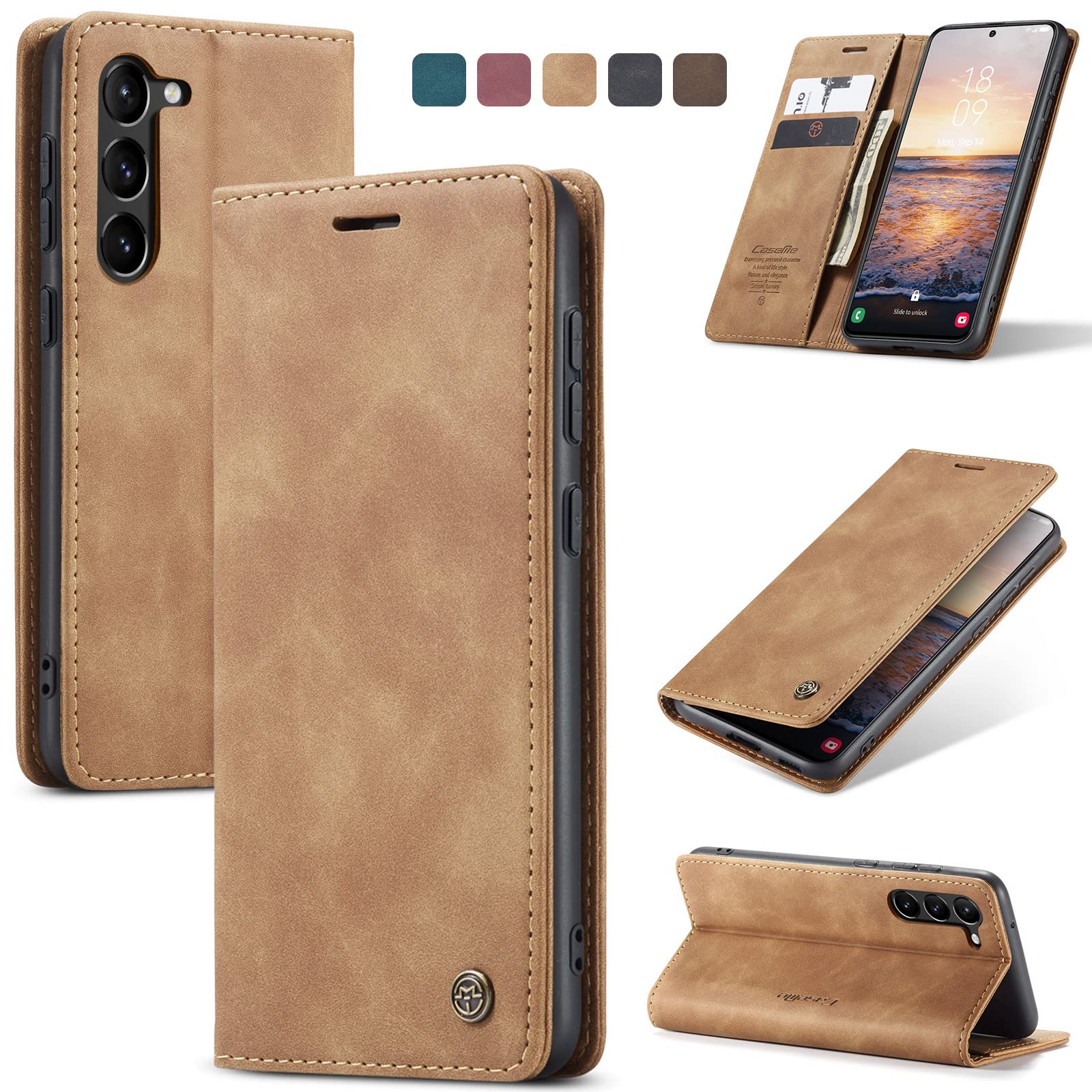 FCOZCKLOM Compatible with Samsung Galaxy S23 Wallet Case with Card Holder, Kickstand Protective Flip Folio Leather Case Wallet for Samsung Galaxy S23 6.1 inch (Brown)