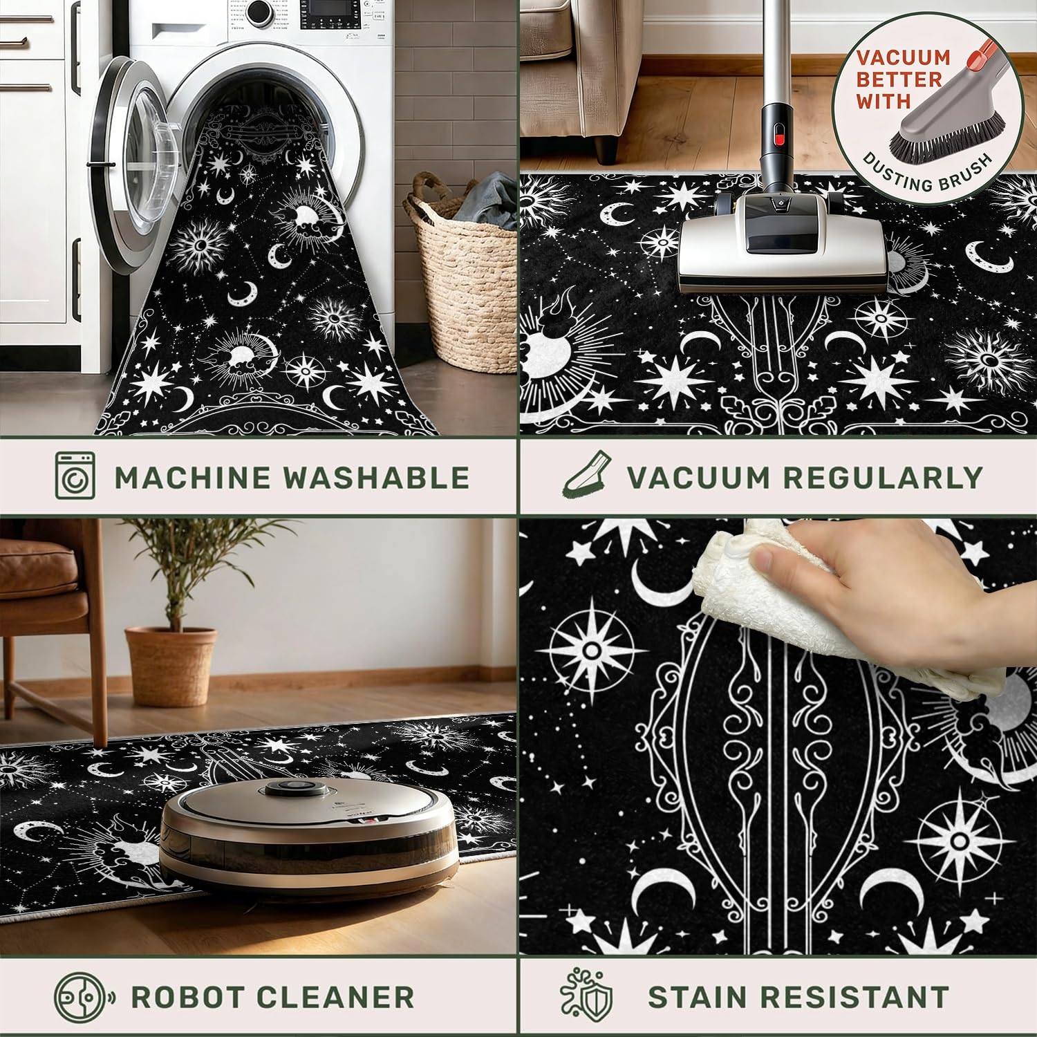 Himmels Läufer Teppich in Schwarz Weiß, 60x200cm Gotischer Teppich Sonne, Mond Sternen für Flur, Langer Teppich Mit Mystischem Sternbildmuster für Schlafzimmer, Waschbare, Rutschfeste Teppiche