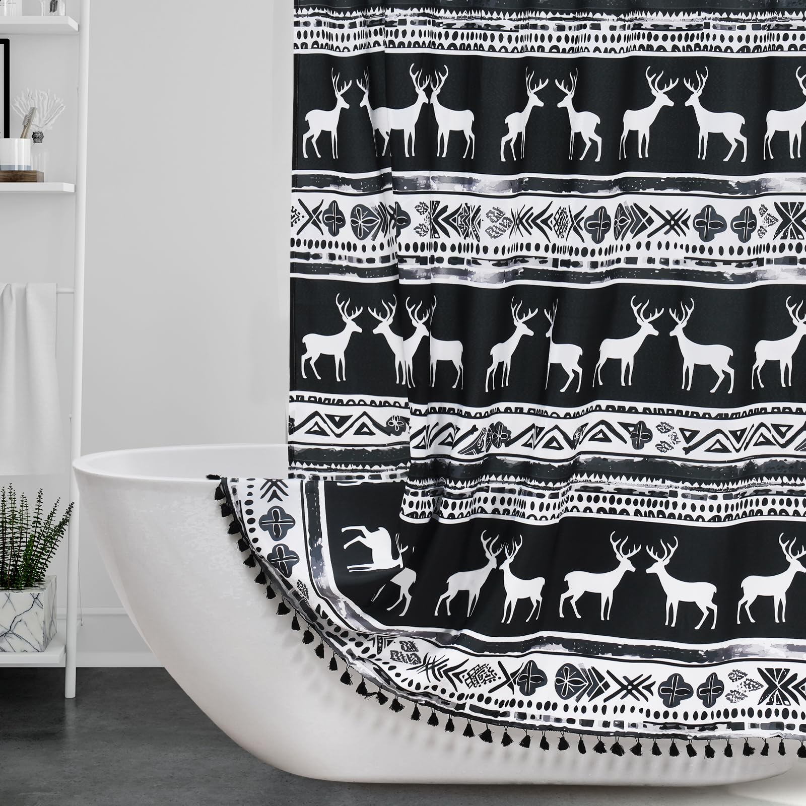 Boho Black and White Shower Curtain Fabric Tassel Shower Curtain, Vintage Farmhouse Cloth Chic Tribal Bathroom Shower Curtain 72X72