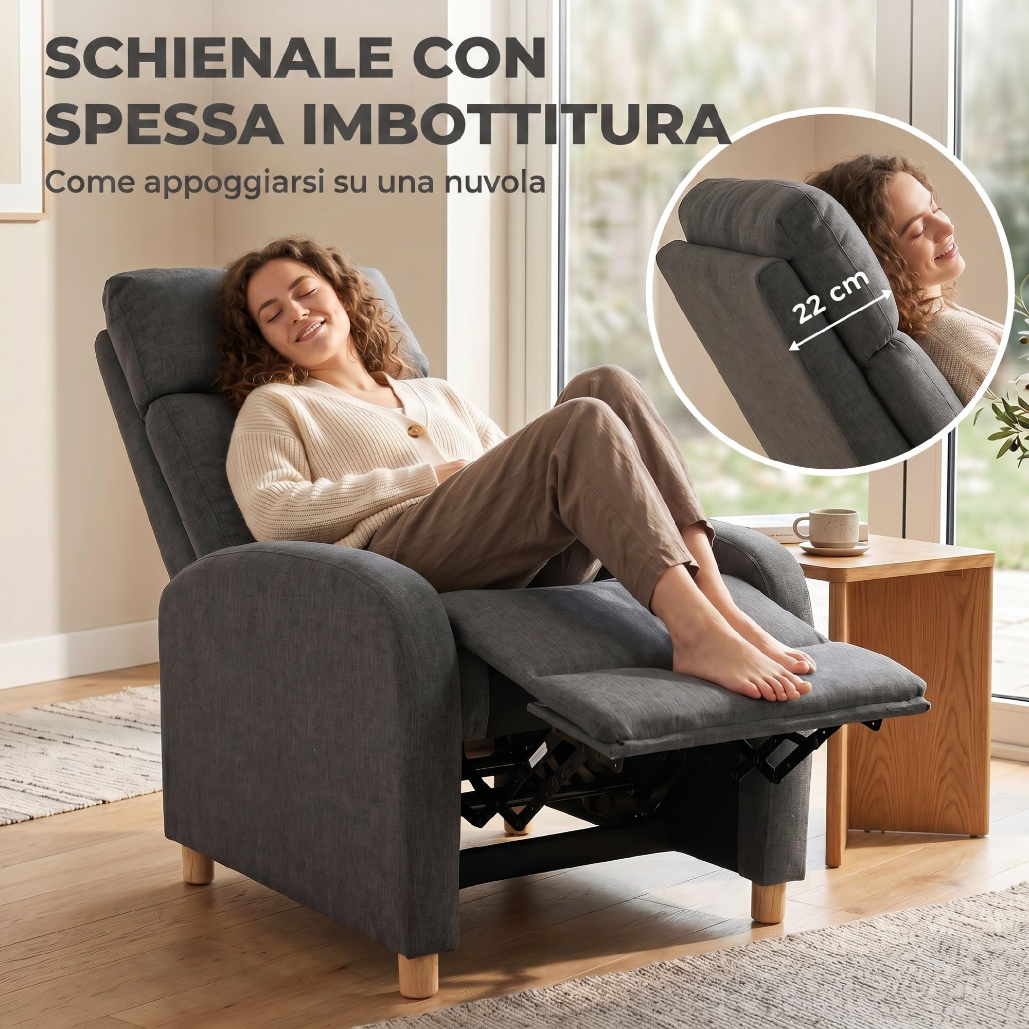 HOMCOM Poltrona Relax Reclinabile Manuale 135° con Poggiapiedi Grigio Scuro | Poltrona Reclinabile Ergonomica, Imbottita in Tessuto Effetto Lino, Gambe in Legno, per Soggiorno e Camera, 67x87x102cm