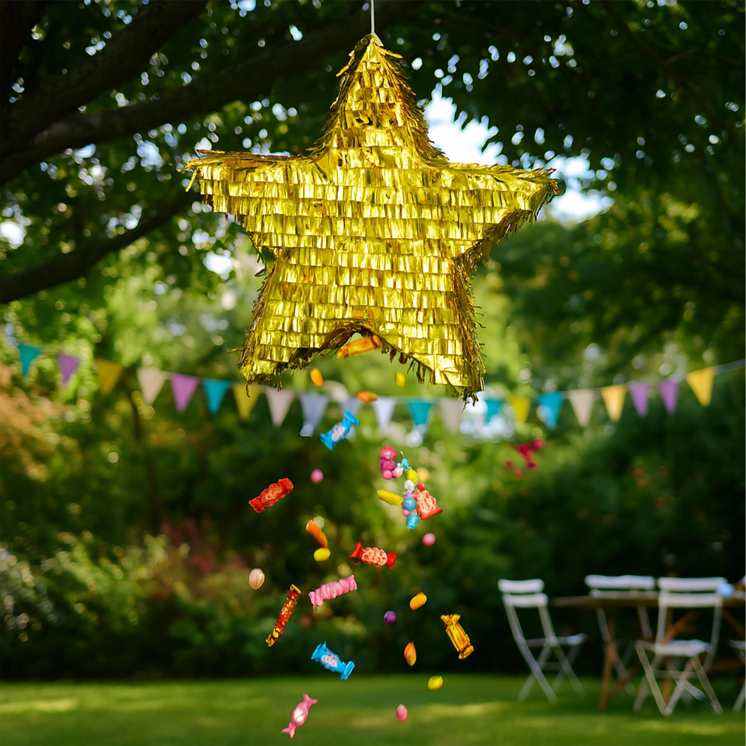 Relaxdays Piñata Stella Scintillante con Bastone e Maschera, da riempire, 43x45x9 cm, Oro