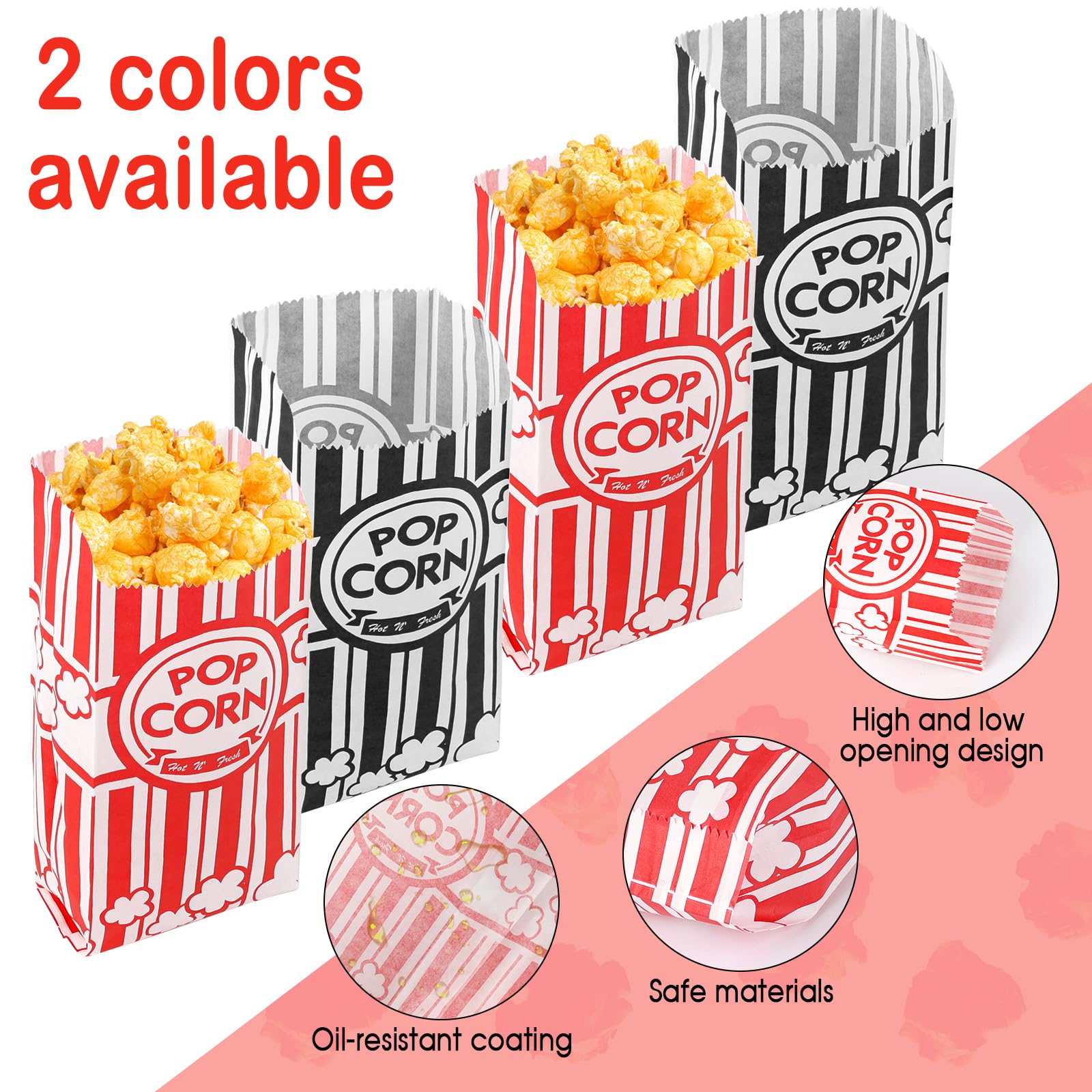 200pcs Bolsas para palomitas de maíz, 21*9*6cm bolsas palomitas papel con Revestimiento Resistente al Aceite, Clásica cajas palomitas Rayas para Cine Teatro Cumpleaños Fiestas Temáticas Noches de Cine