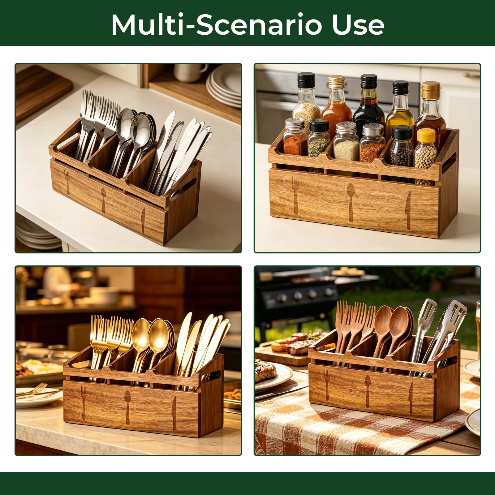 Acacia Wood Flatware Caddy - 3 Compartment Organizer -4