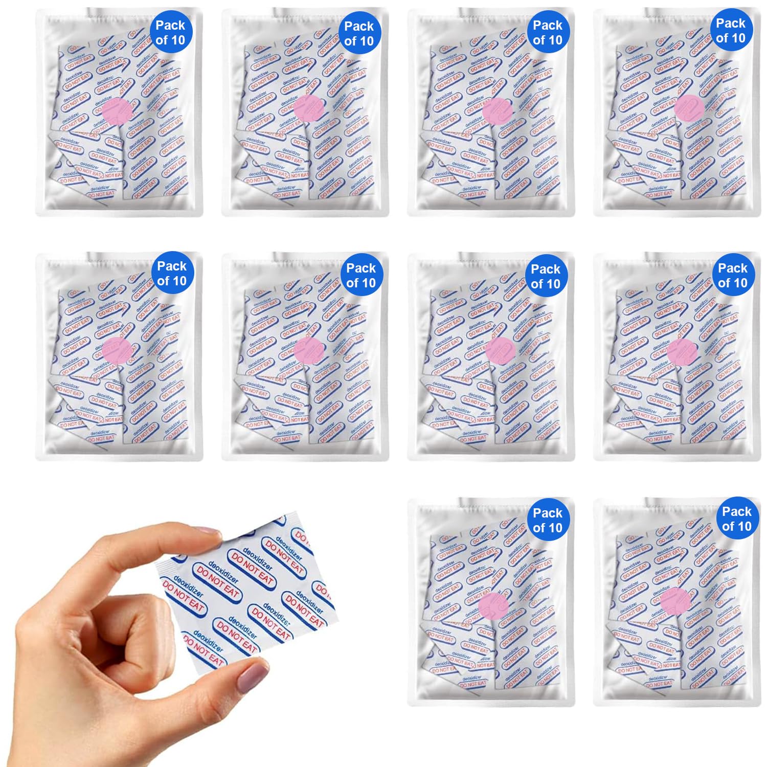 50cc (10 Packs of 10, Total 100 Packets) Oxygen Absorbers for Food Storage, Food Grade Oxygen Absorbers Packets with Oxygen Indicator for Long Term Storage and Preservation (50CC(100-Pack))