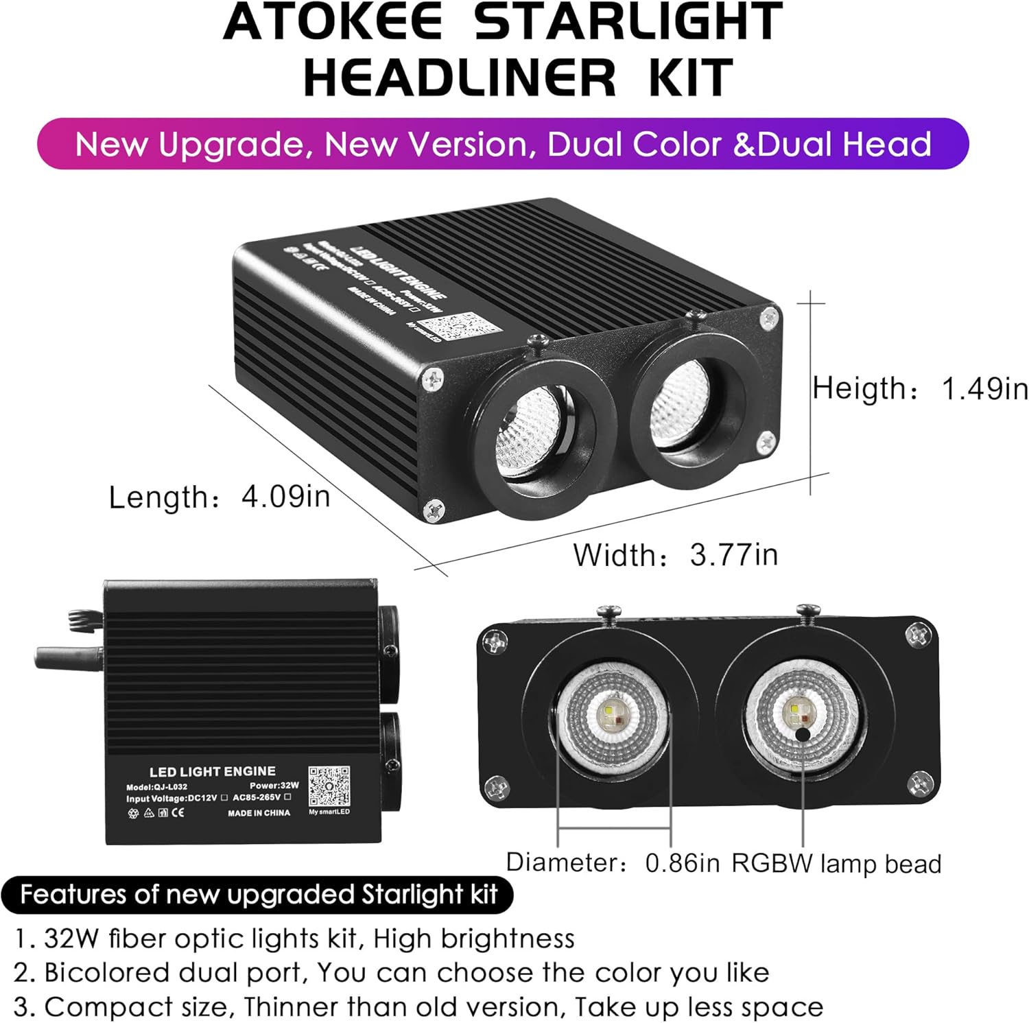 32W Dual Color Starlight Headliner Kit, Sound Activated Fiber Optic Star Roof Lights with APP/Remote Control, 1100pcs 0.03in 9.8ft