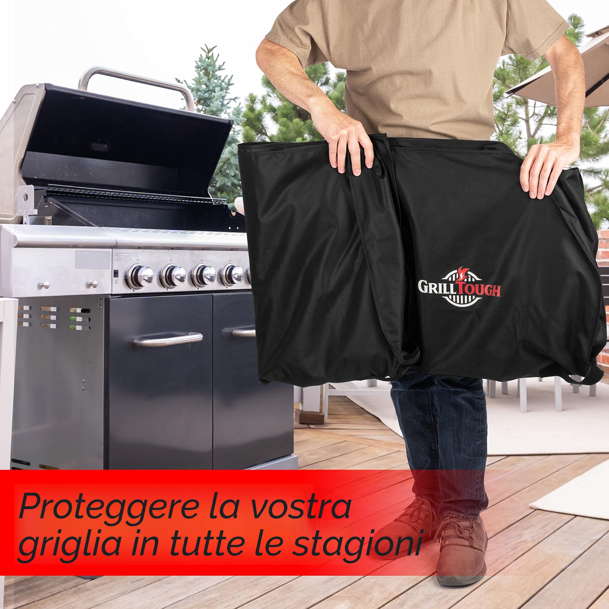 Copertura per barbecue GrillTough Heavy Duty per barbecue da esterno - Impermeabile, resistente alle intemperie, ai raggi UV e allo scolorimento con cinghie regolabili - (147L x 61W x 122H cm)