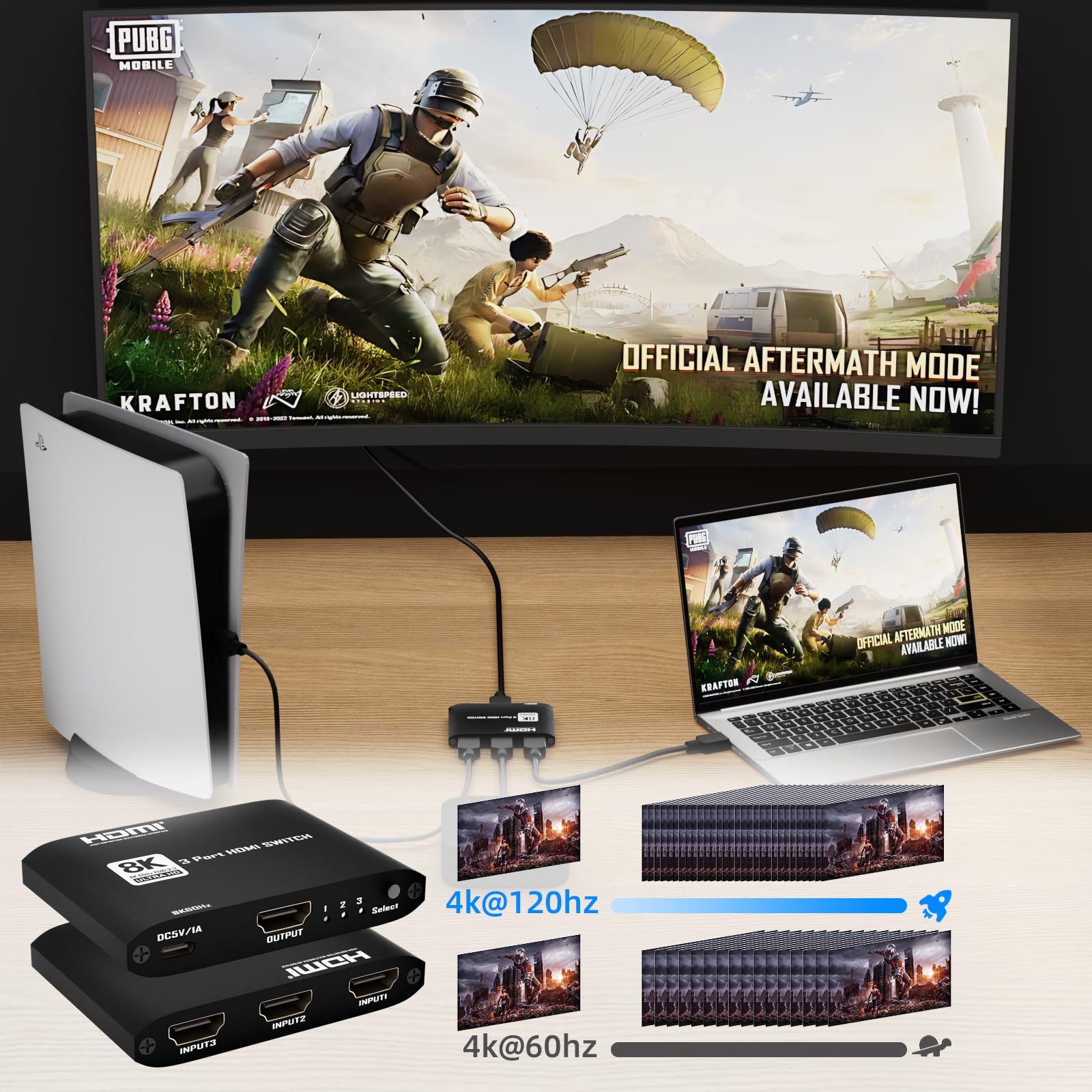 HDMI 2.1 Switch 3 in 1 Out 8k60Hz, 3 Port HDMI Switcher 4K @ 144Hz, 48Gbps, VRR, Dynamic HDR, HDCP 2.3, für PS5/Xbox Series X/Apple TV 8K/Roku Ultra/Fire Stick 8K Max