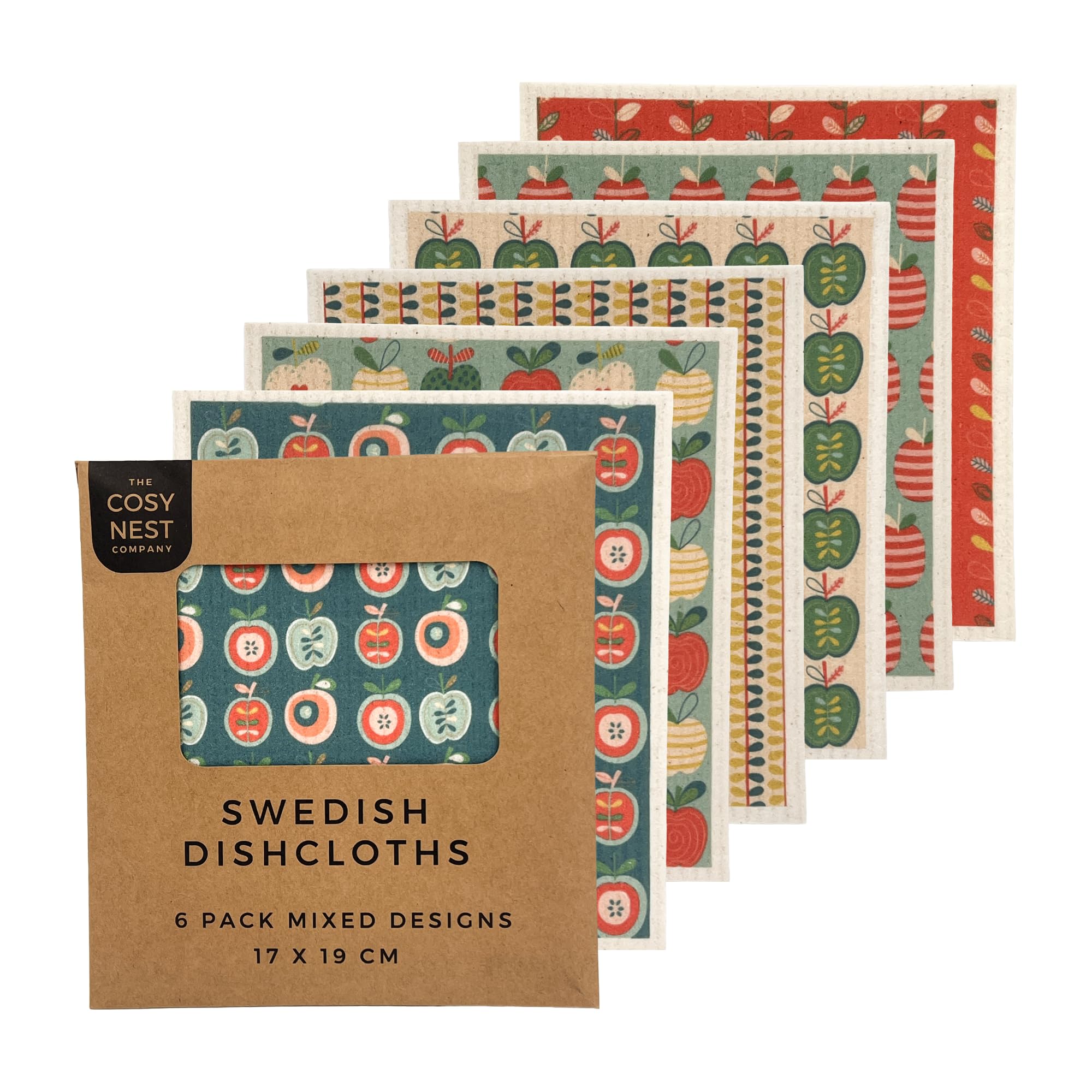 The Cosy Nest Company Multicolour Swedish Dishcloths Pack Of 6, Reusable Dish Cloths For Washing Up, Absorbent Sponge Cloths For Kitchen Cleaning, Eco Friendly Compostable Plastic Free, Apple Design