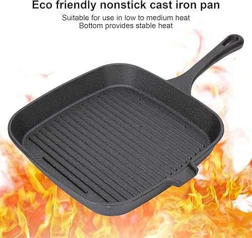 Miniatura 6 de Sartén para parrilla de hierro, sartén cuadrada antiadherente, sartén negra con mango resistente al calor, sartén de tocino de conducción rápida de