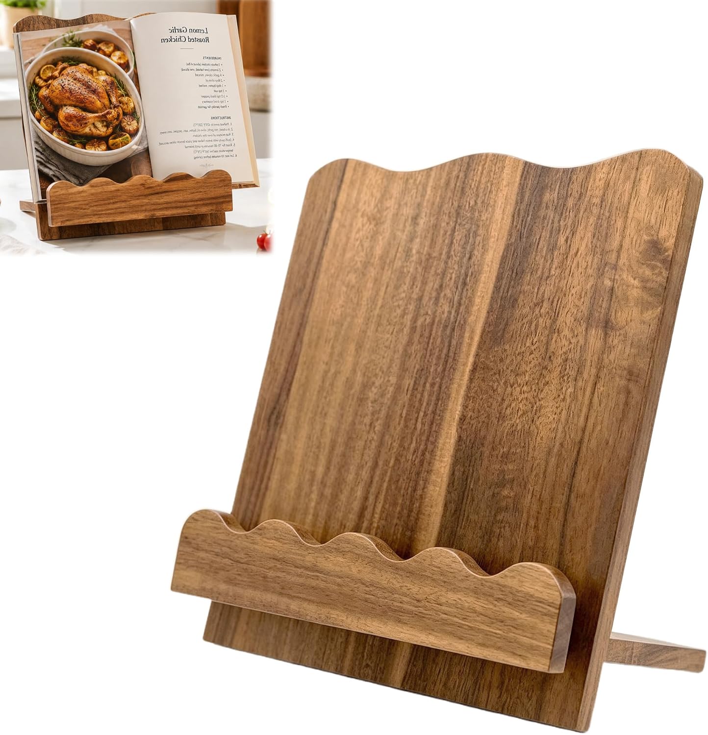Cookbook Stand, Acacia Wood Cutting Board 2 in 1 Cookbook Holder Tablet Stand with Scalloped Edge Stable Base for Kitchen Countertop Cooking Rustic Kitchen Decor Organizer