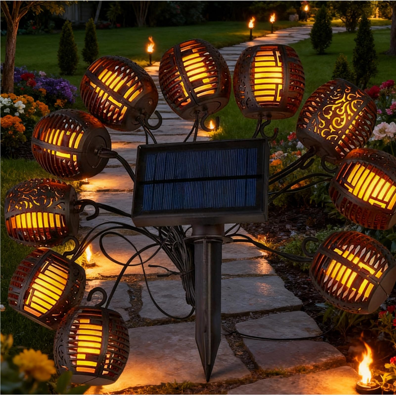 ZJchao Guirlande lumineuse solaire à LED, Guirlande Lumineuse Suspendue Rétro Sûre avec Lueur Douce Lampe Féerique à Boule de Flamme à énergie Solaire pour Jardin Terrasse Balcon Mariage Noël
