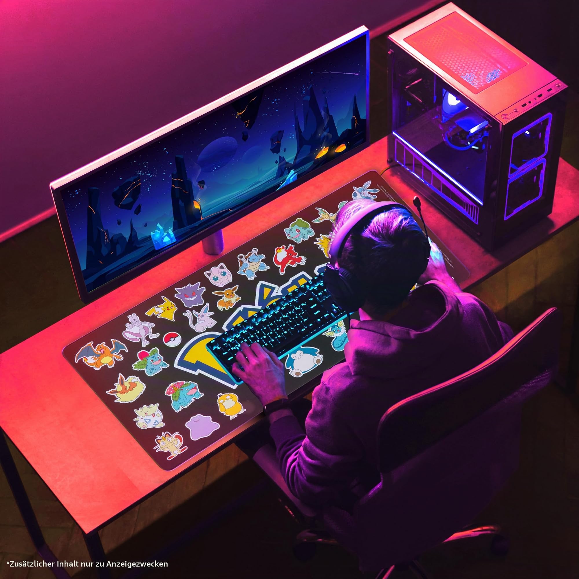Pokemon Mauspad XXL 80x35 cm Schreibtischunterlage Groß Cooles Pikachu Mousepad Gaming rutschfest Schreibtisch Unterlage PC Gamer Mouse Pad (Schwarz)
