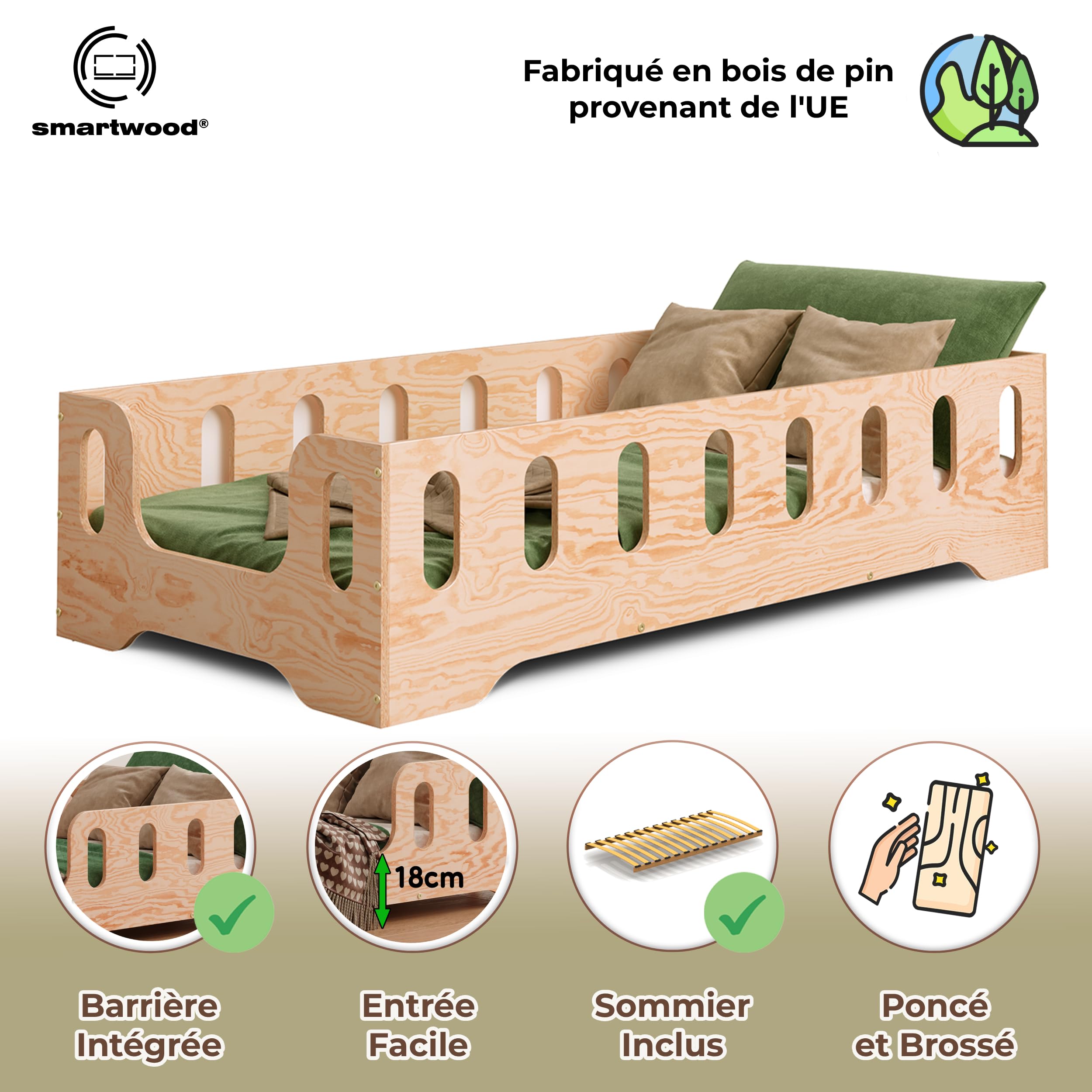 smartwood Lit Enfant 90x200 cm - Lit au Sol Enfant en Bois Naturel avec Barrière de Sécurité et Sommier - Charge Jusqu’à 230 kg - Lits Montessori pour Garçons et Filles - TILA 2B Bois