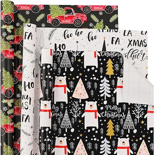 BULKYTREE Papel de regalo de Navidad con líneas de corte para niños y niñas, 3 mini rollos de camión rojo vintage, árbol de saludos de Navidad, oso
