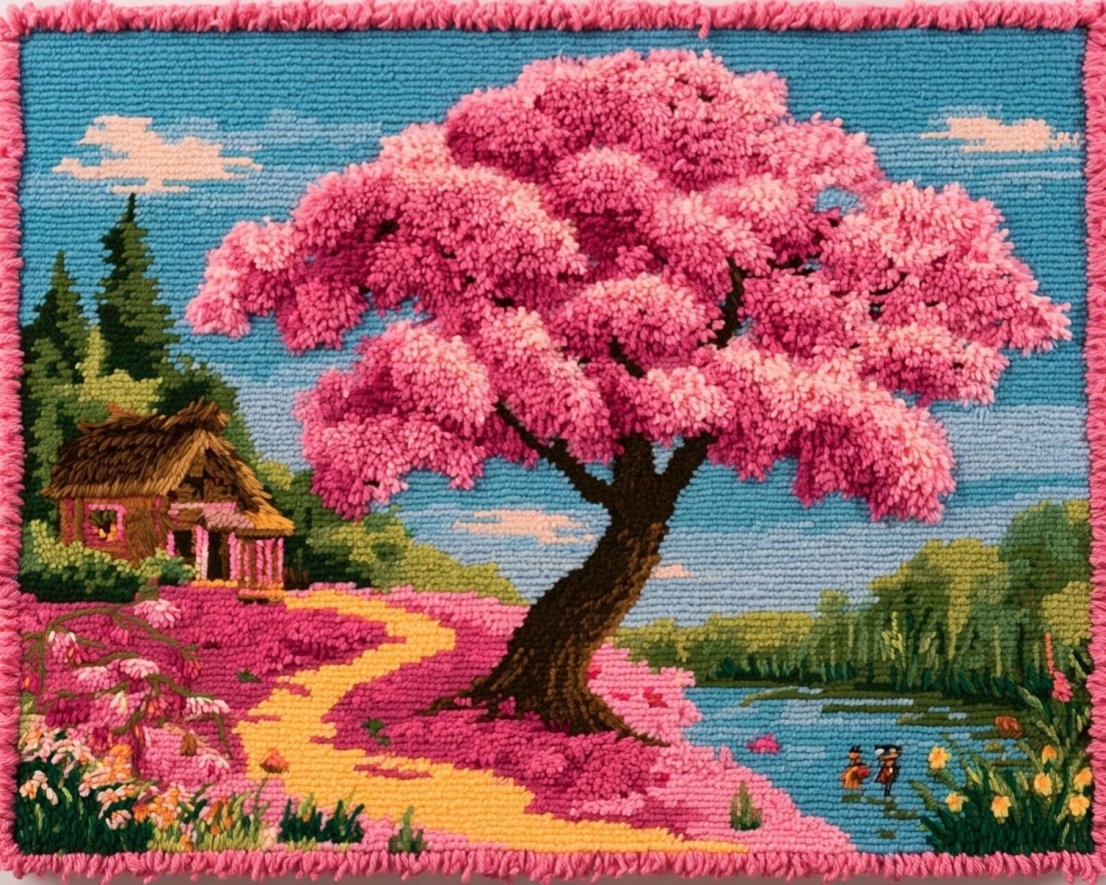 DIY Latch Hook Rug Kits for Adults,Cherry blossom trees by the pond