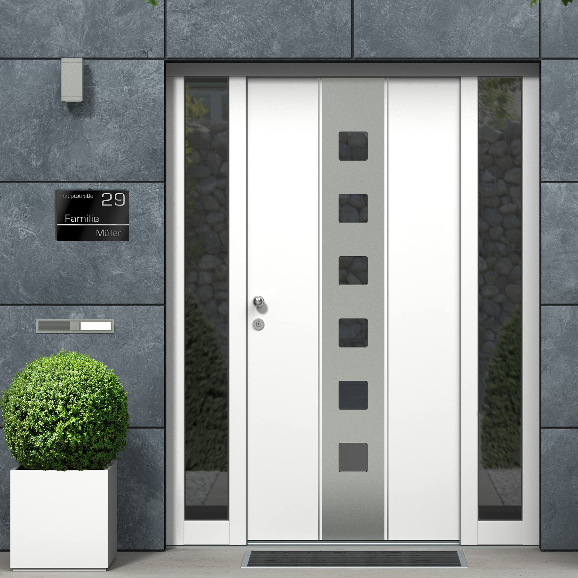 Numero civico personalizzabile in vetro acrilico + acciaio inox V2A 250 x 175 mm Nero, Resistente alle intemperie, Antiruggine, Targa per porta d’ingresso, Made in Germany