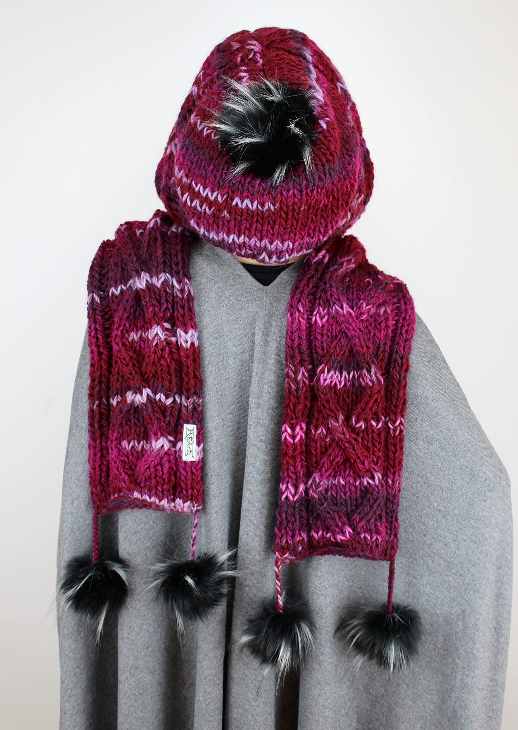 Kapuzenschal exklusiv 4 Farben mit Kunst-fell-bommel handgestrickt Farbwahl Schal XXL Mützenschal (bordeaux weinrot meliert)