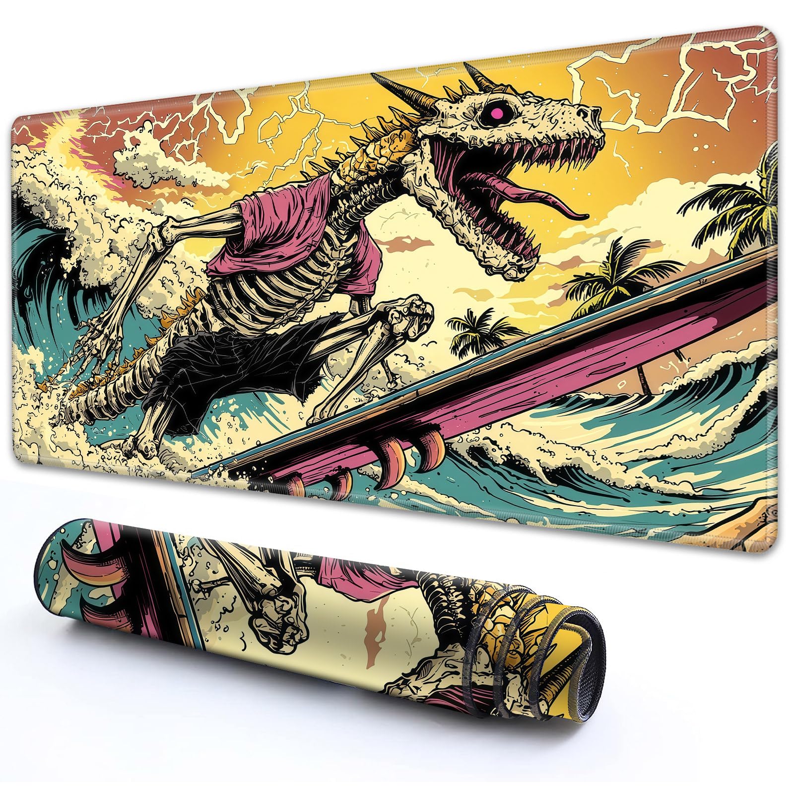 RMJKXQZG MTG Playmat 27.5" x 15.74" with High Elastic Rubber Base Non-Slip Rubber HD Fade-Resistant Printing Durable TCG Gaming for Card Games Desk Mat & Mouse Pad, Skeleton Dragon Surfing