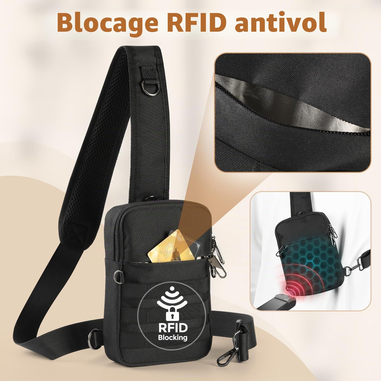 BROADREAM Sac à Bandoulière antivol - Tactique Sac de poitrine - Étanche sacoche homme - Petit sac à main avec fermeture éclair et blocage RFID