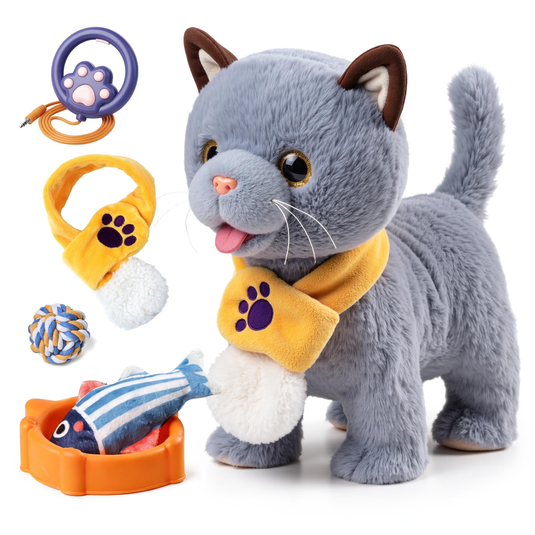 TUMAMA KIDS Interaktives Katze Spielzeug für Kinder Mit 6 Musik, Kuscheltier Kittens Mit Fernbedienung Leine Der Läuft Und Bellt, Plüschtier Elektronisches Kätzchen ab 2 - Gehen, Miaut, Schwanz Wedeln