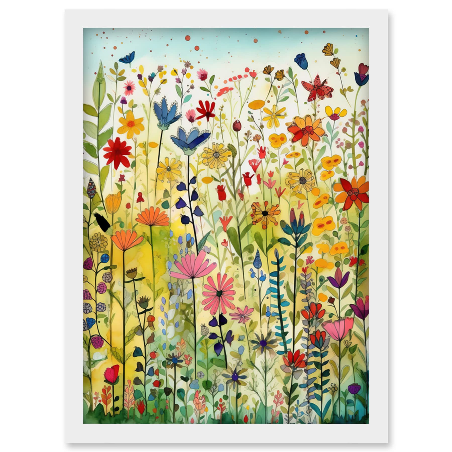 Artery8 Mixed Wildflower Bloom In Meadow Folk Art Artwork Framed Wall Art Print A4
