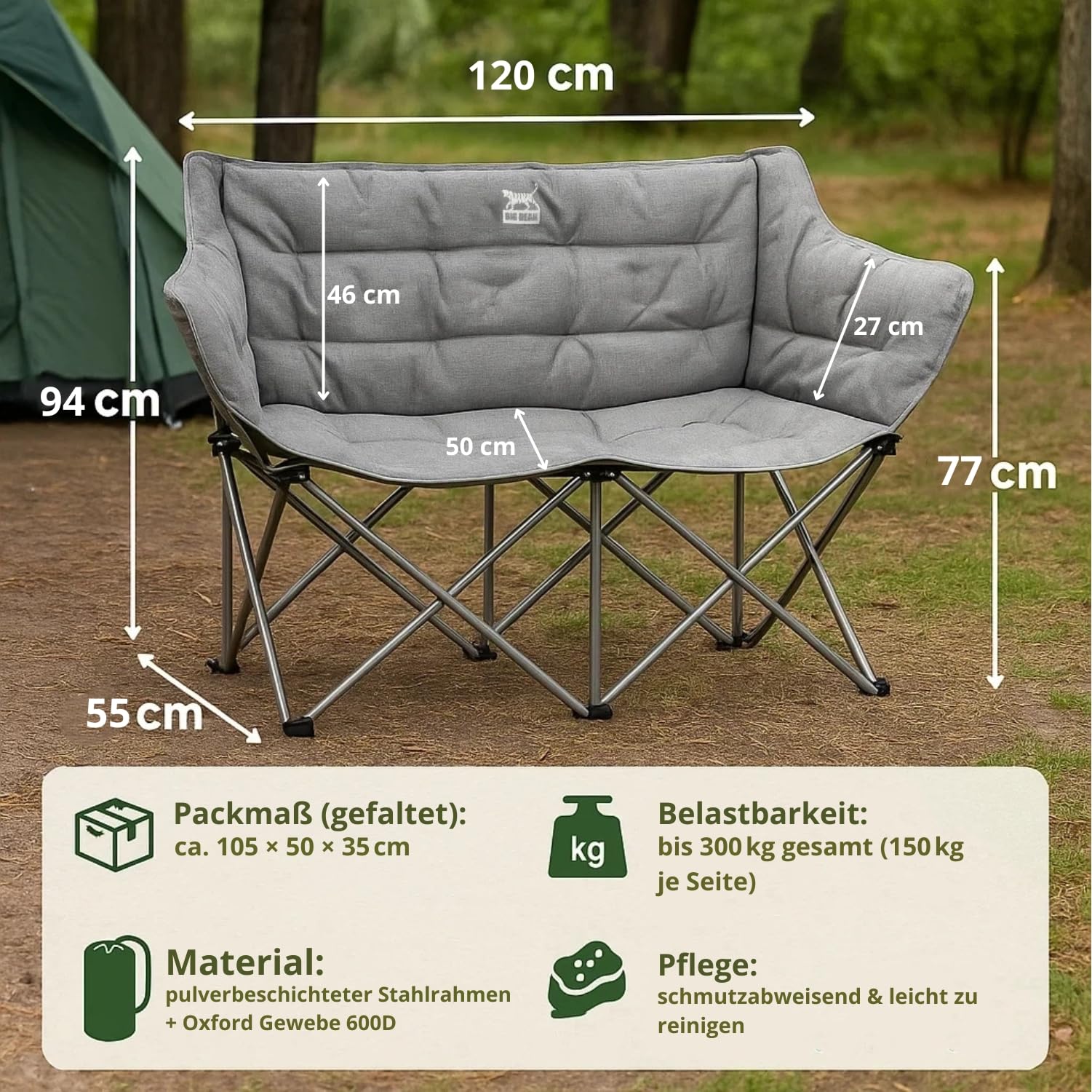 BigDean Campingstuhl faltbar 2 Personen bis 300kg gepolstert Camping Sofa | faltbar, Seitentasche, hochwertiges Campingsofa inkl. Tragetasche
