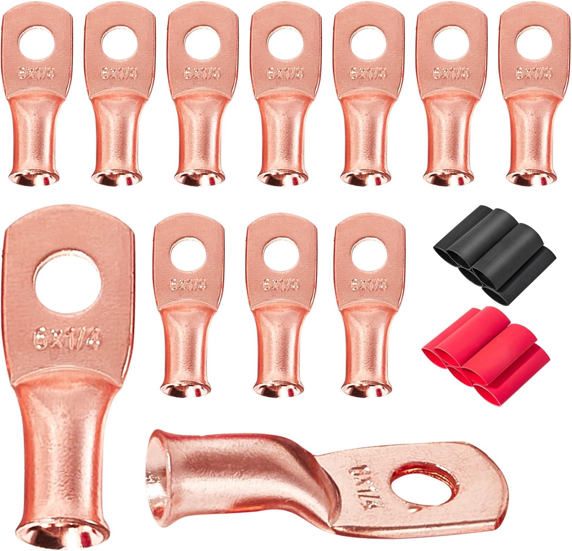 RED WOLF Battery Cable Ends 6 AWG x 1/4" Wiring Copper Connector Ring Terminals Stud 10 PCS w/3:1 Heat Shrink Tubing Black Red for Automotive Electrical 6 Gauge Wire Lug Marine Grade