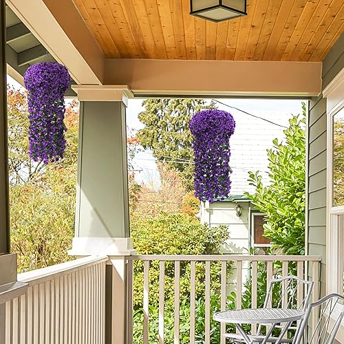 Miniatura 4 de Flores colgantes artificiales con cesta y luces para exteriores, flores de violetas colgantes de imitación, 4 plantas colgantes falsas con maceta