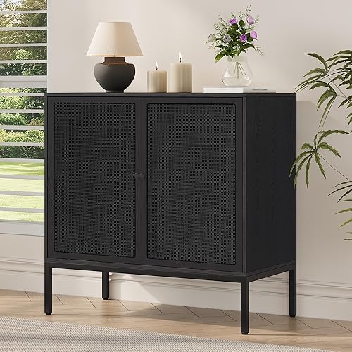 Miniatura 14 de Yechen - Aparador de 80 cm con puertas decoradas de ratán natural, gabinete de ratán, mueble de consola de bufé de acento, credenza de caña,