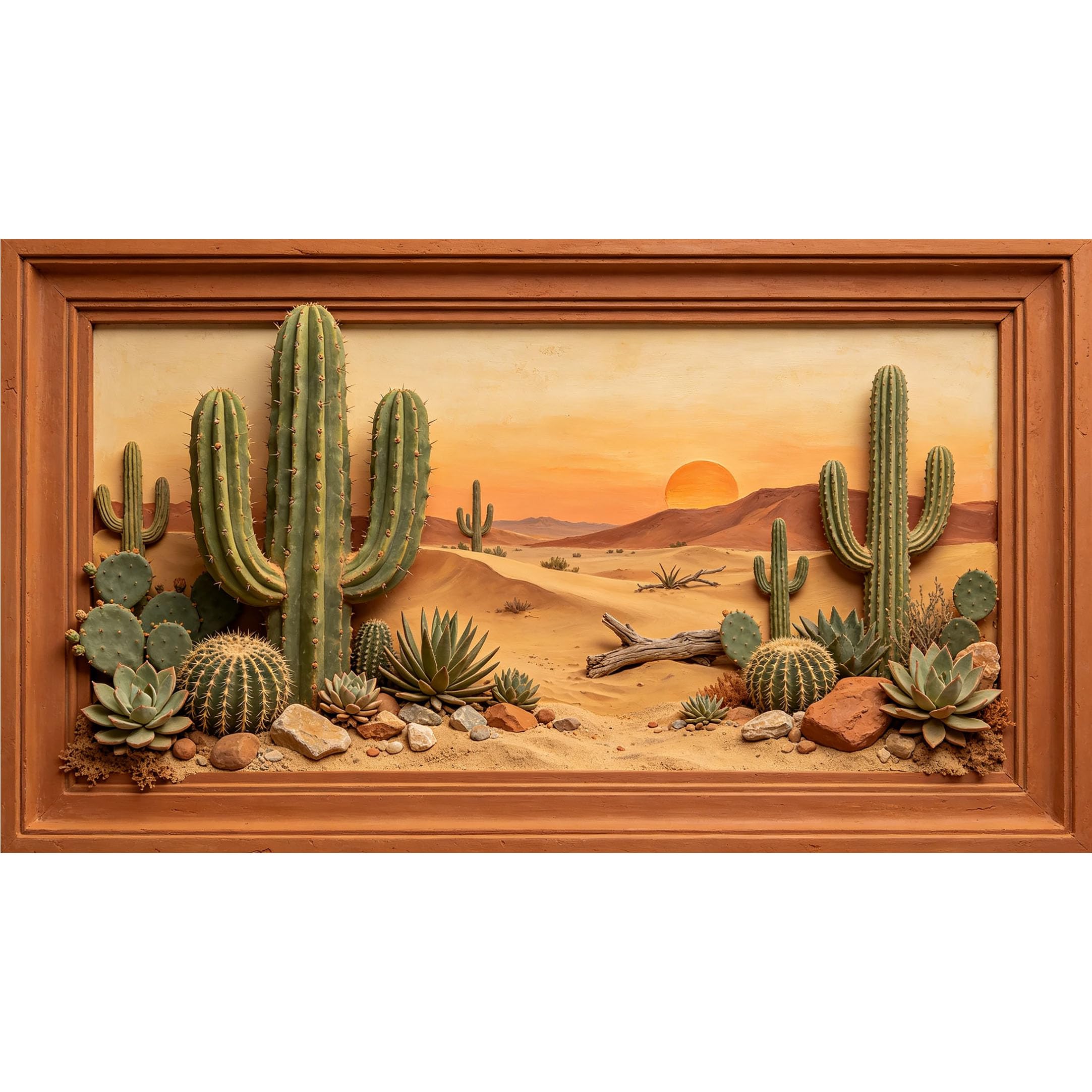 QZLITHOTIC 50x90cm3D Framed Wall Art， Desert Sunset Cactus Landscape Self‑Adhesive Mural， Water‑Activated Peel & Stick Fabric Decor Wall Decal for Bedroom Living Room