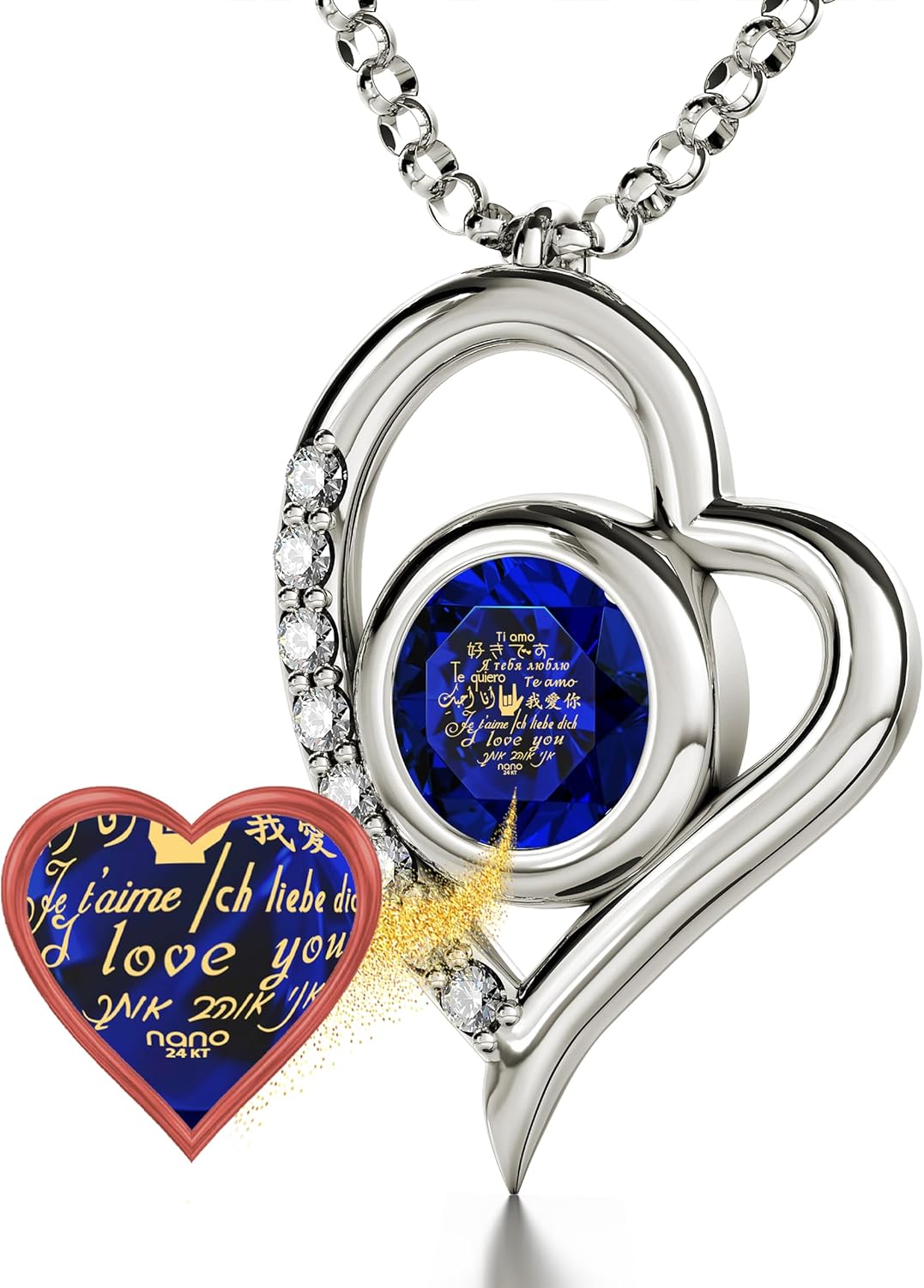 925 Sterling Silver I Love You Necklace in 12 Languages Anniversary Heart Pendant with Cubic Zirconia Gemstones Inscribed in Pure Gold Including Sign Language onto a Clear Crystal, 18" Rolo Chain