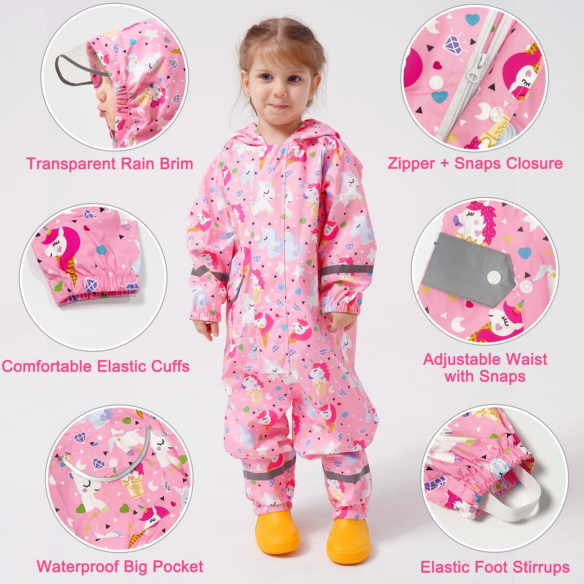 Fewlby Tuta Impermeabile Bambini Tuta Pioggia, Poncho Antipioggia con Cappuccio Bambino Giacche Impermeabili Ragazze Ragazzi Giacche da Pioggia in Cartone Animato per 1-10 Anni