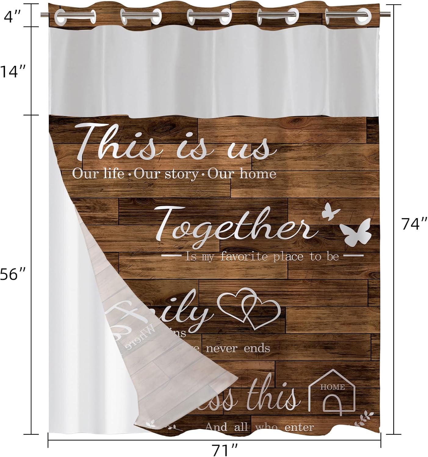 juwute No Hook Brown Family Shower Curtain with Snap-in Polyester Liner Set, Family Shower Curtain for Bathroom, See Through Top Bath Curtain,Waterproof & Machine Washable, 72 x 75 Inch